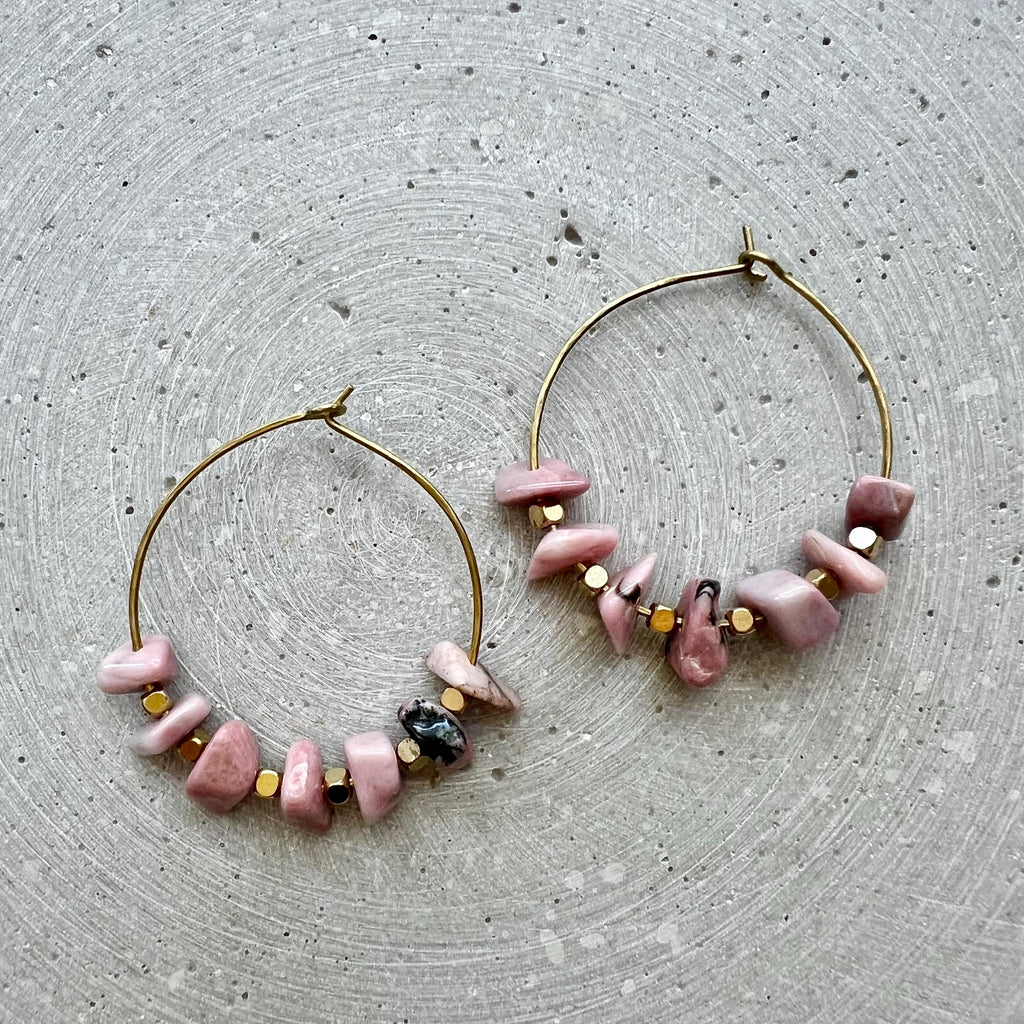 Rhodochrosite Nugget Creole Earrings, Dainty Hoops with Pink Gemstones, Handmade Brass Earring