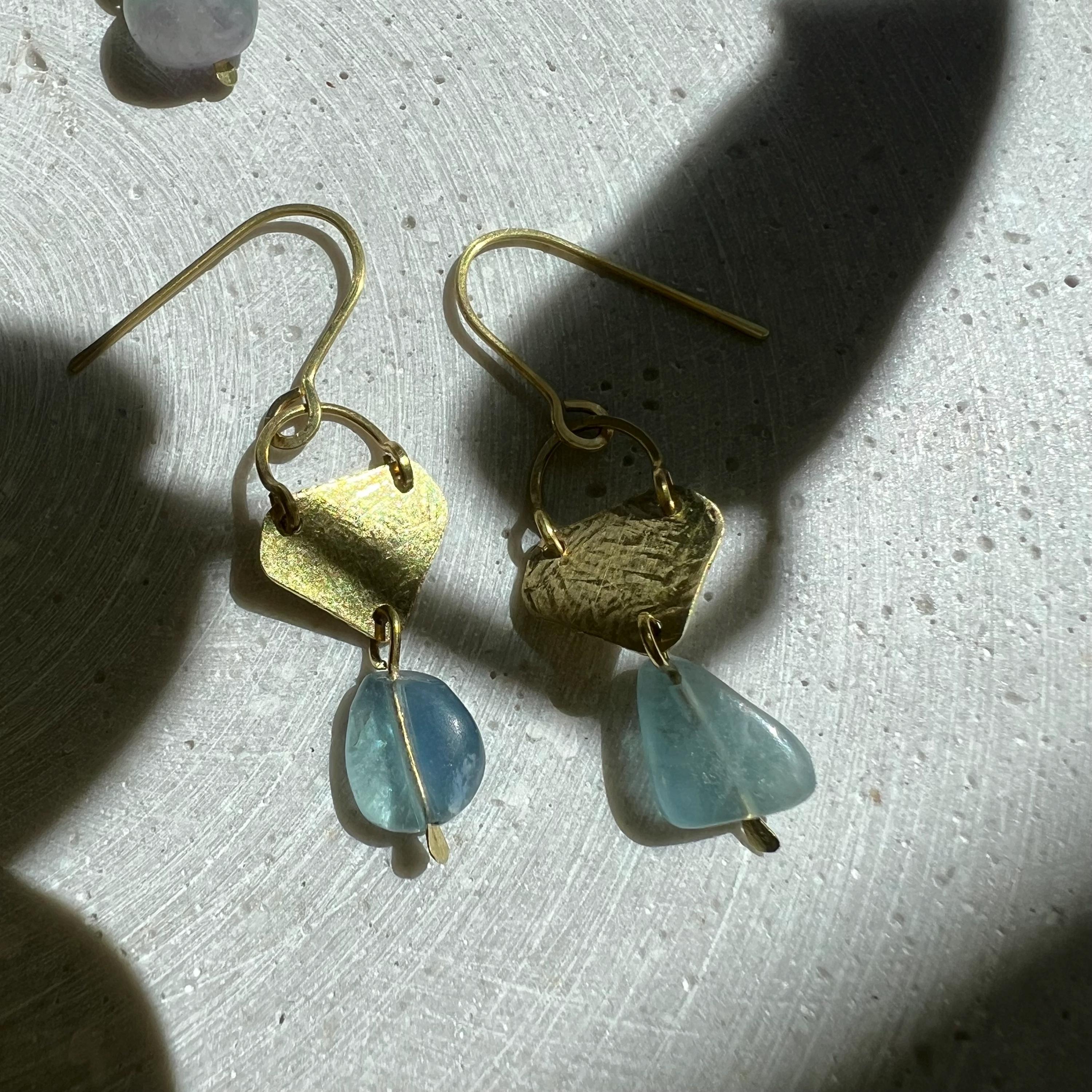 Blue Fluorite Drop Earrings with Hammered Brass Parts, One of a Kind Handmade Jewelry