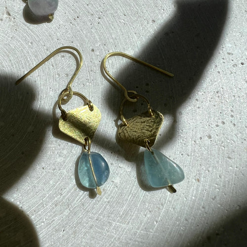 Blue Fluorite Drop Earrings with Hammered Brass Parts, One of a Kind Handmade Jewelry