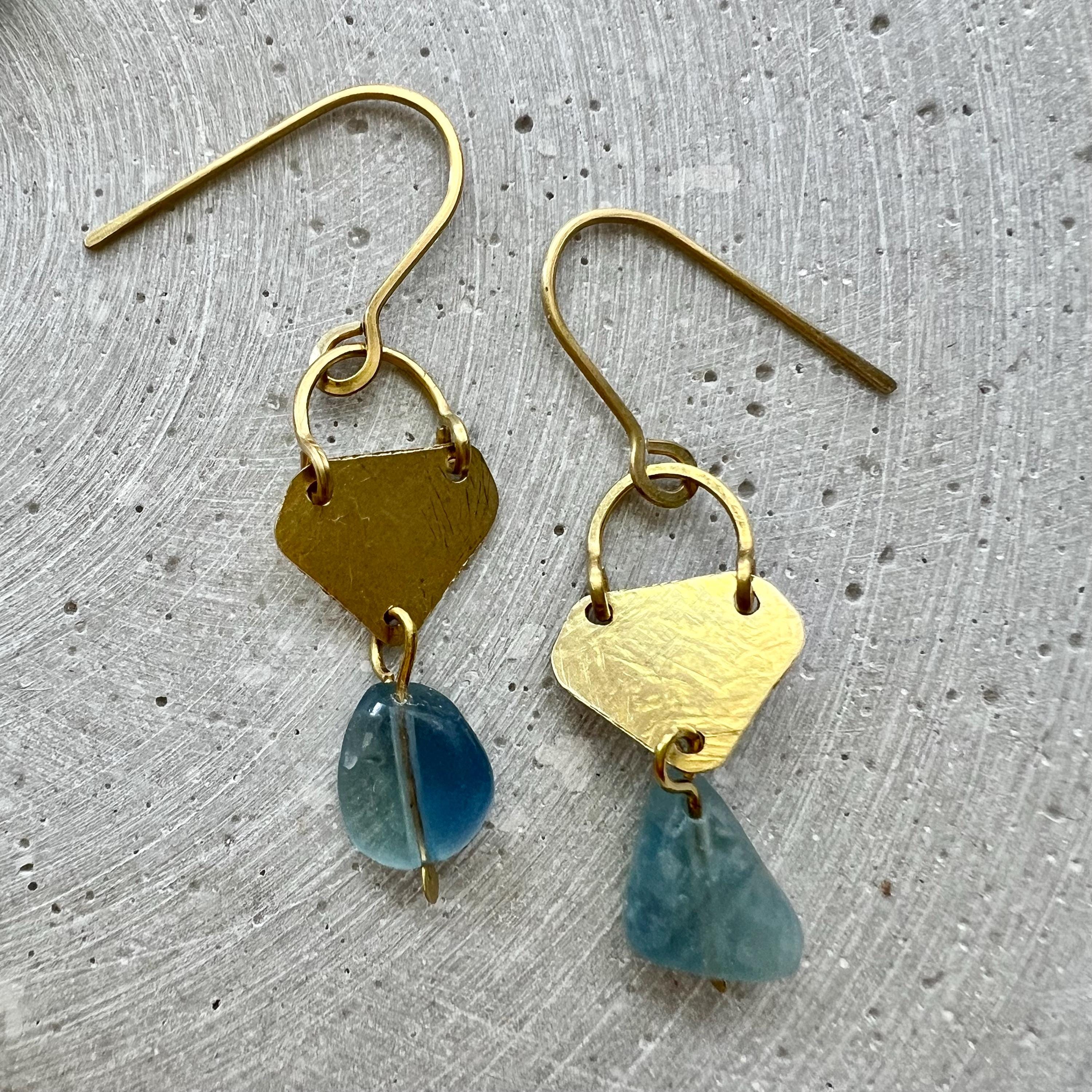 Blue Fluorite Drop Earrings with Hammered Brass Parts, One of a Kind Handmade Jewelry