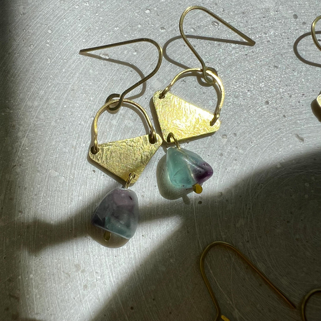 Blue Fluorite Drop Earrings with Hammered Brass Parts, One of a Kind Handmade Jewelry