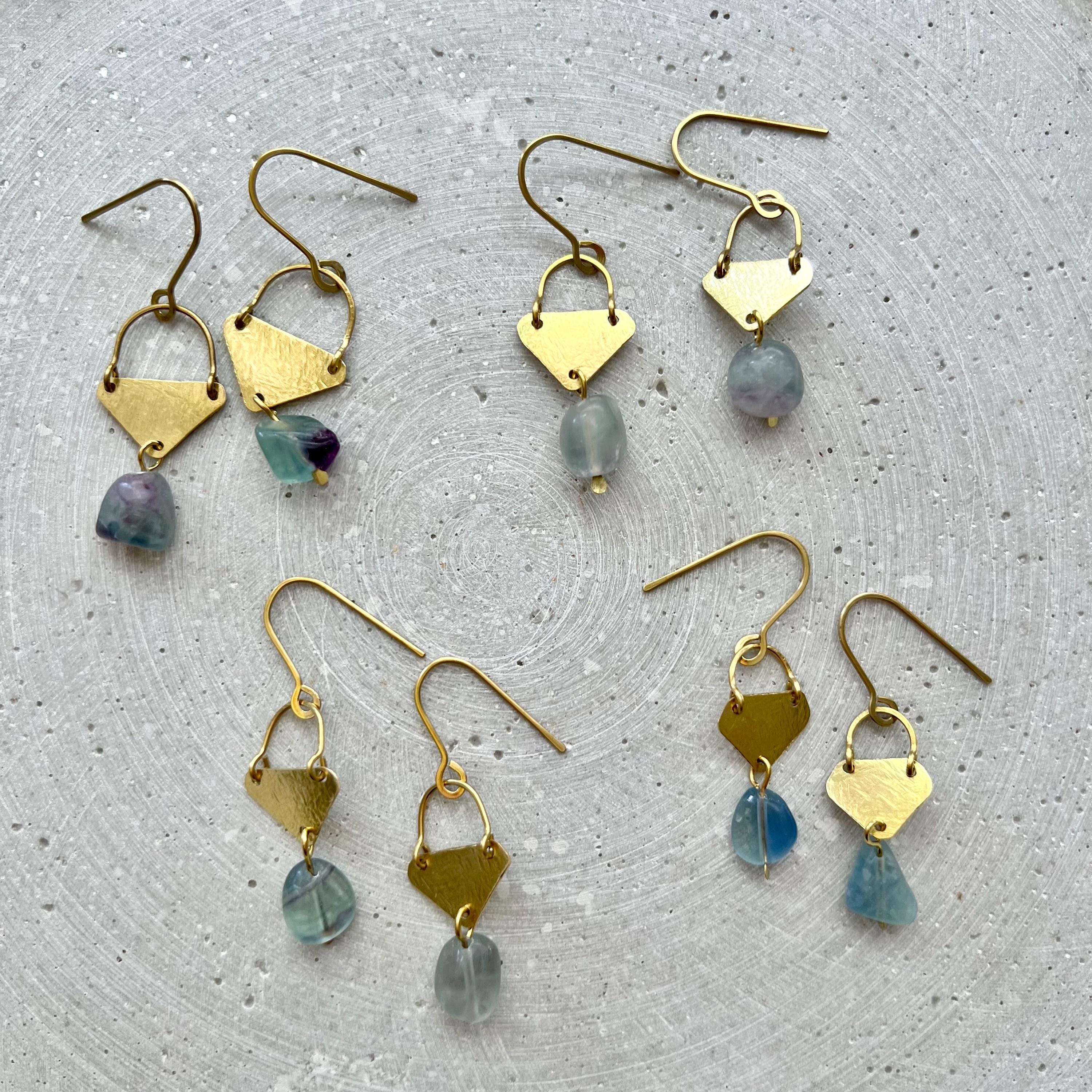 Blue Fluorite Drop Earrings with Hammered Brass Parts, One of a Kind Handmade Jewelry