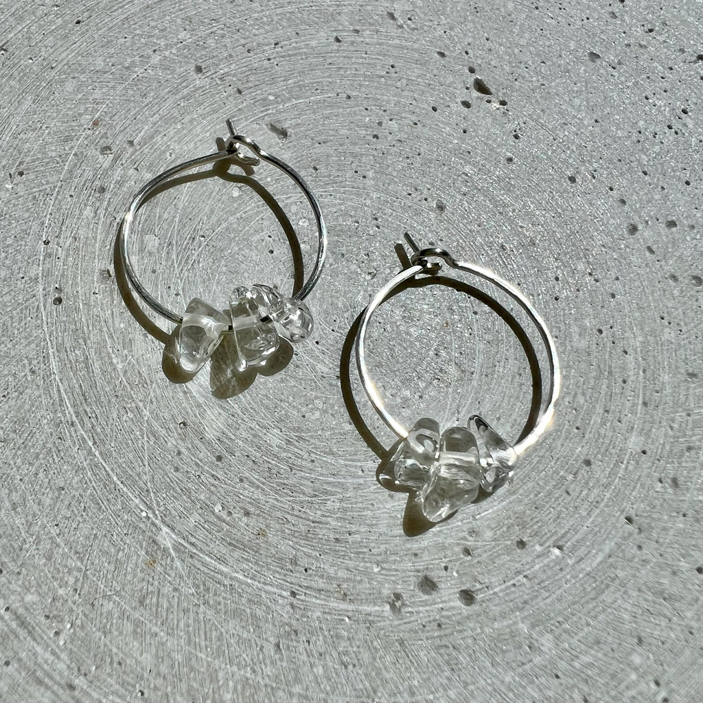 Sterling Silver Hoops with Rock Crystal Nuggets, Dainty Creole Earrings with Gemstone Beads