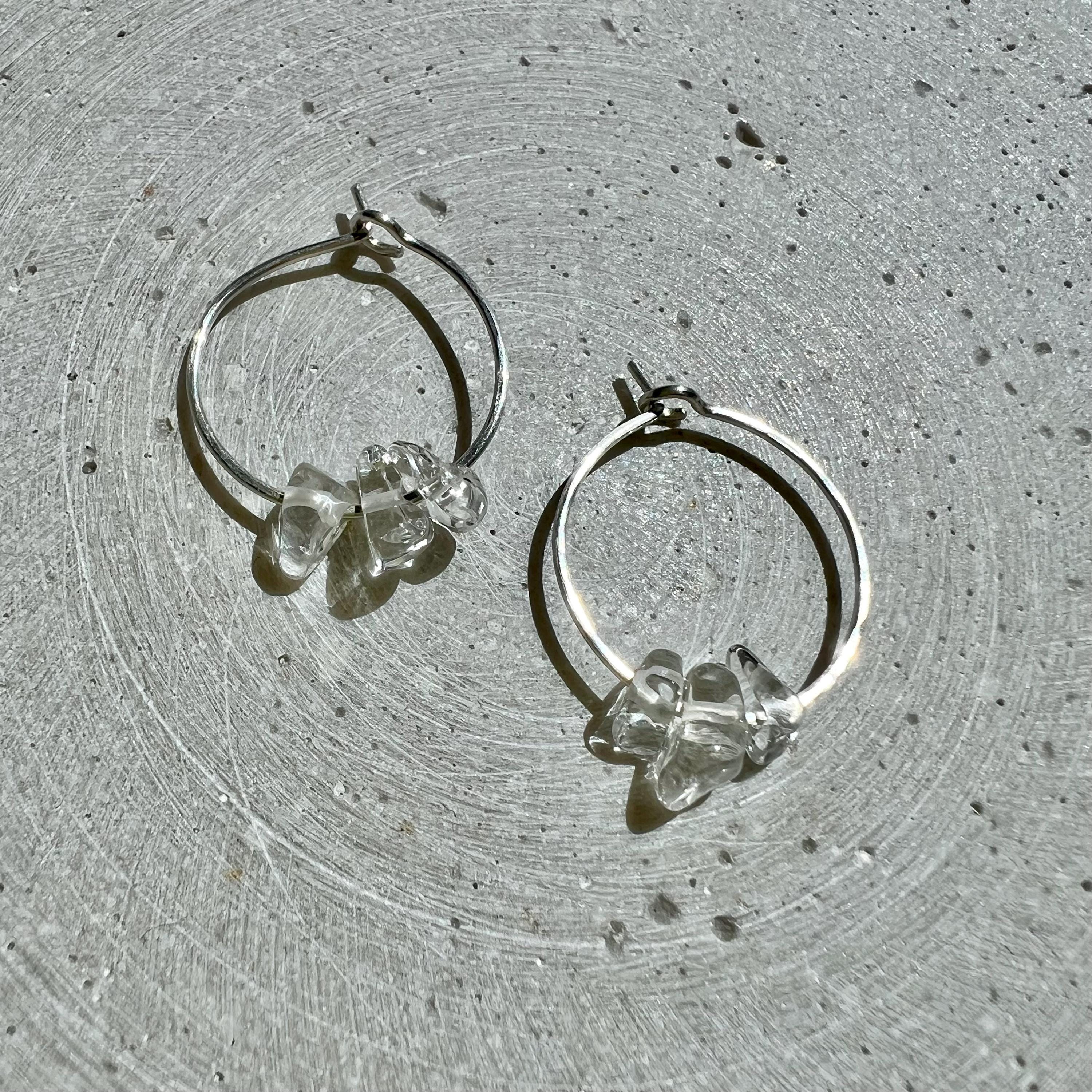Sterling Silver Hoops with Rock Crystal Nuggets, Dainty Creole Earrings with Gemstone Beads