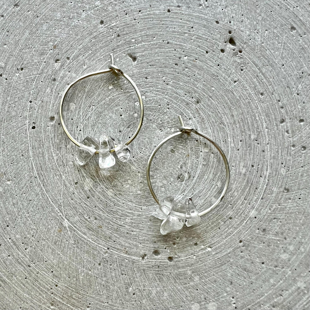 Sterling Silver Hoops with Rock Crystal Nuggets, Dainty Creole Earrings with Gemstone Beads