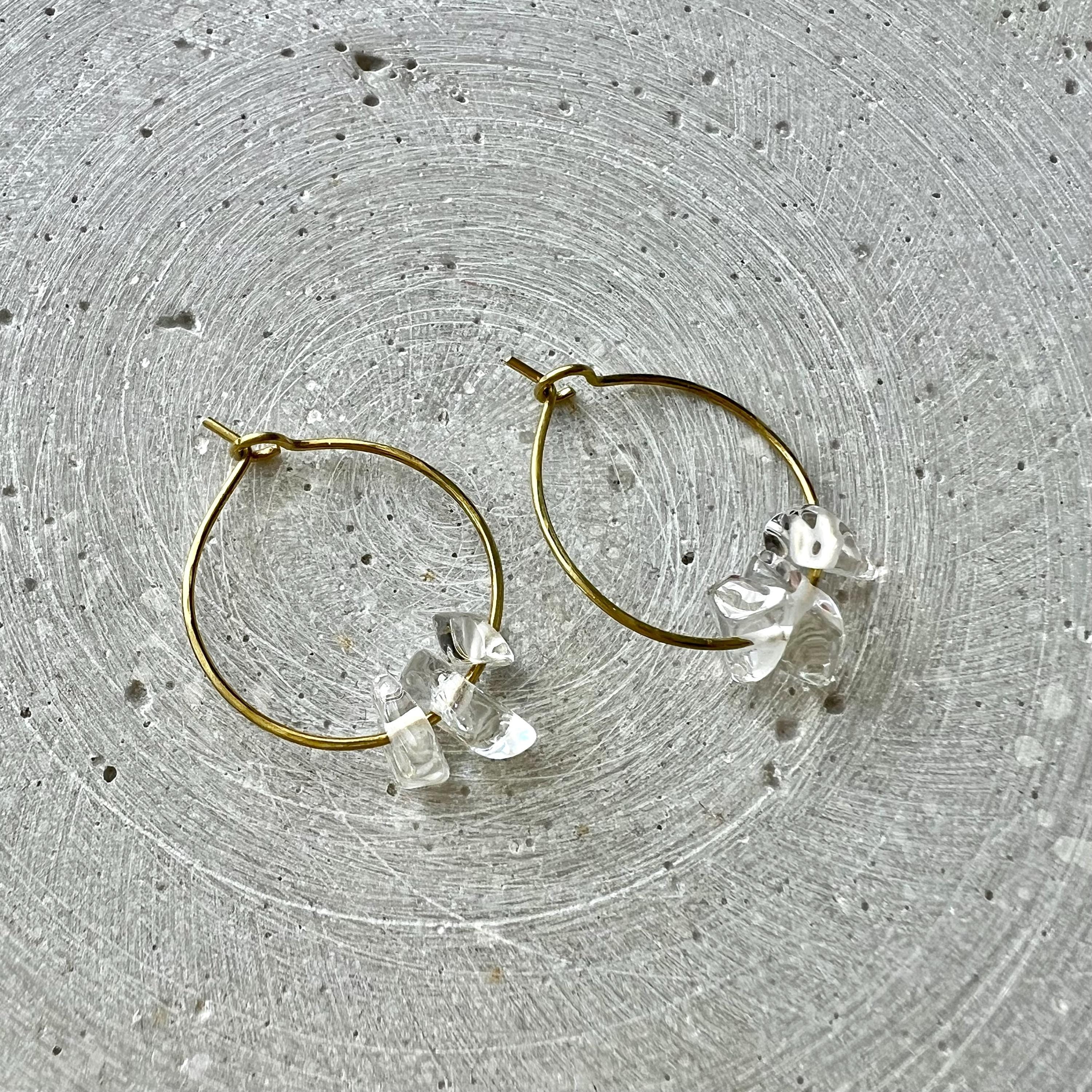 Sterling Silver Hoops with Rock Crystal Nuggets, Dainty Creole Earrings with Gemstone Beads