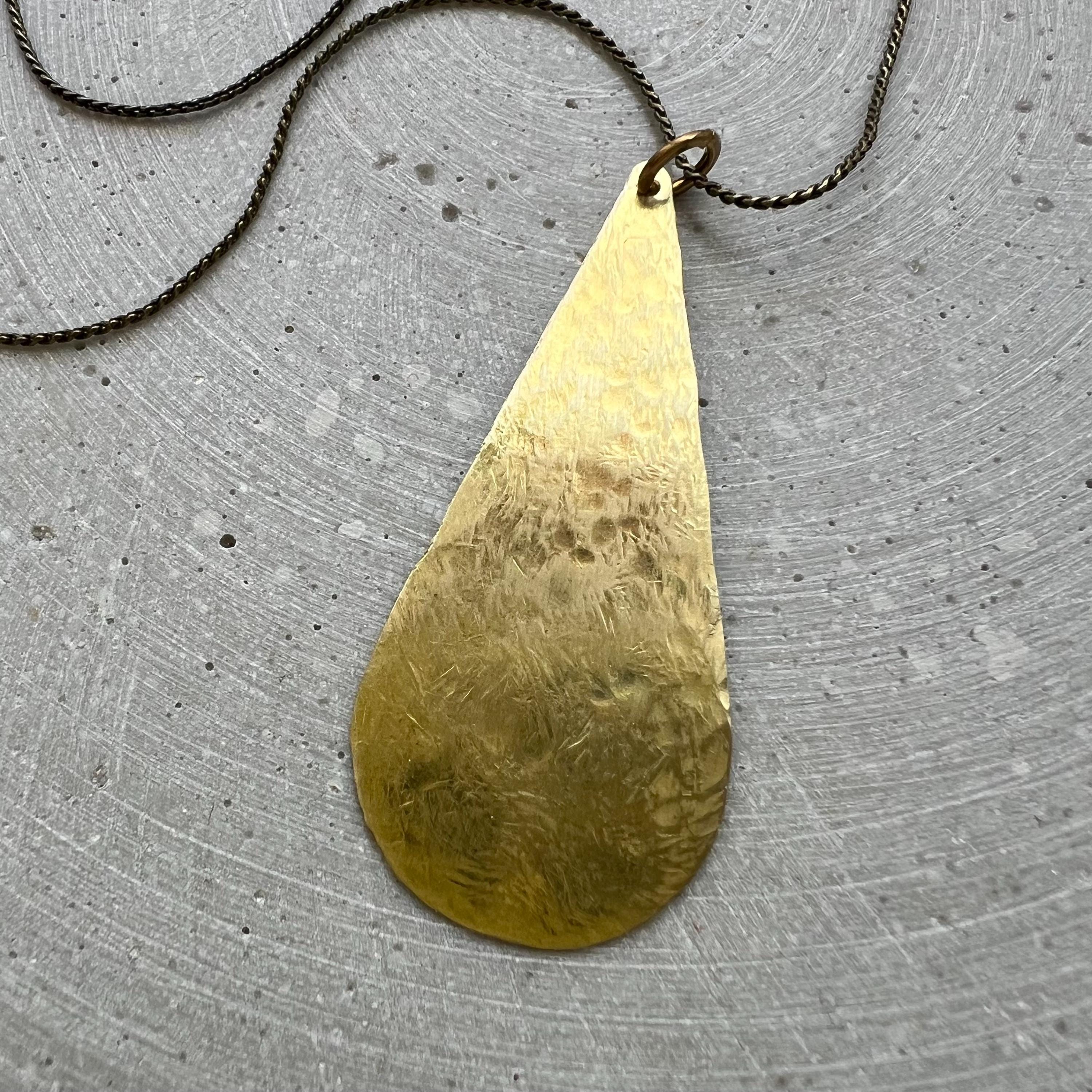 Minimalist Drop Pendant with long Snake Chain, Golden Tear Necklace, Handmade Brass Jewelry