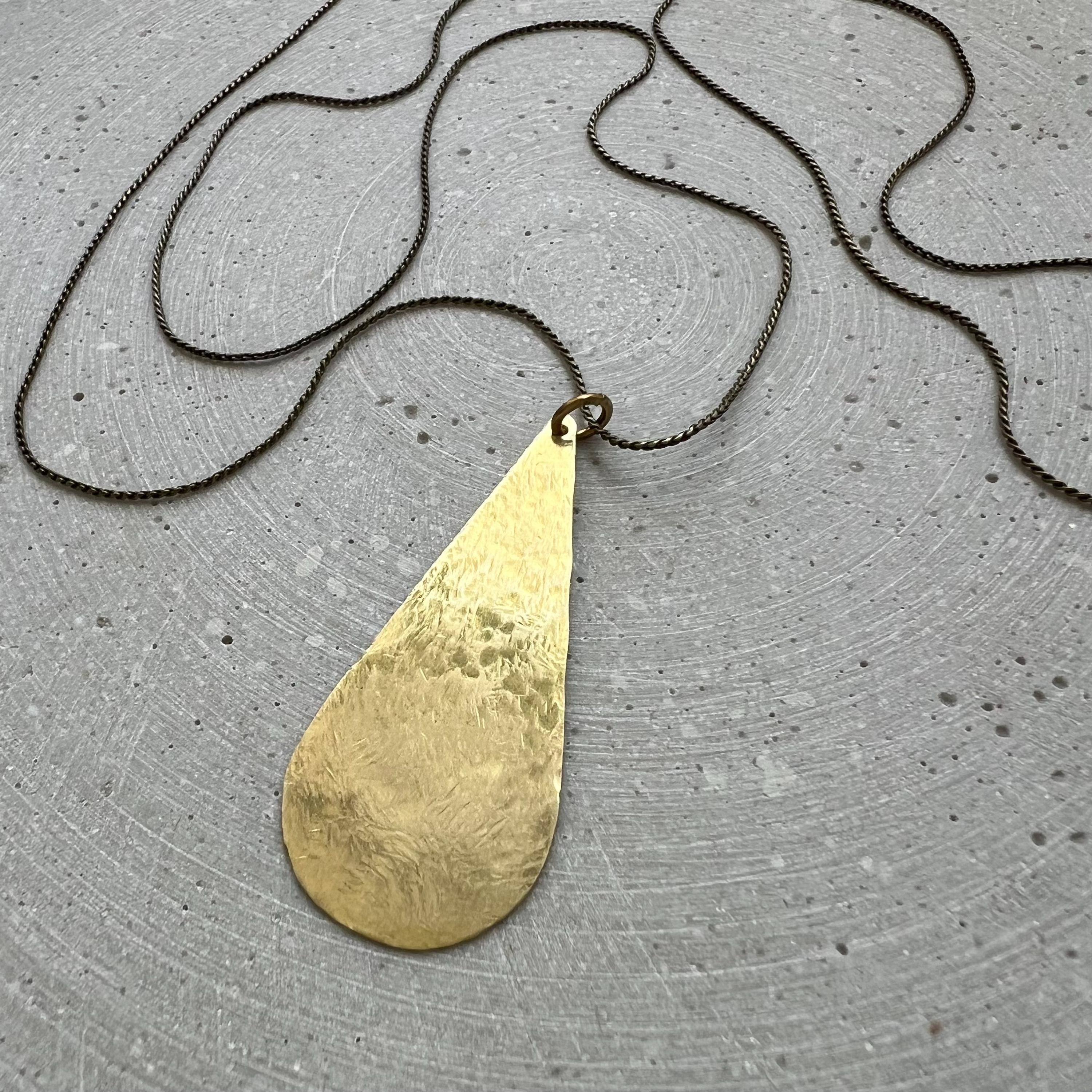 Minimalist Drop Pendant with long Snake Chain, Golden Tear Necklace, Handmade Brass Jewelry