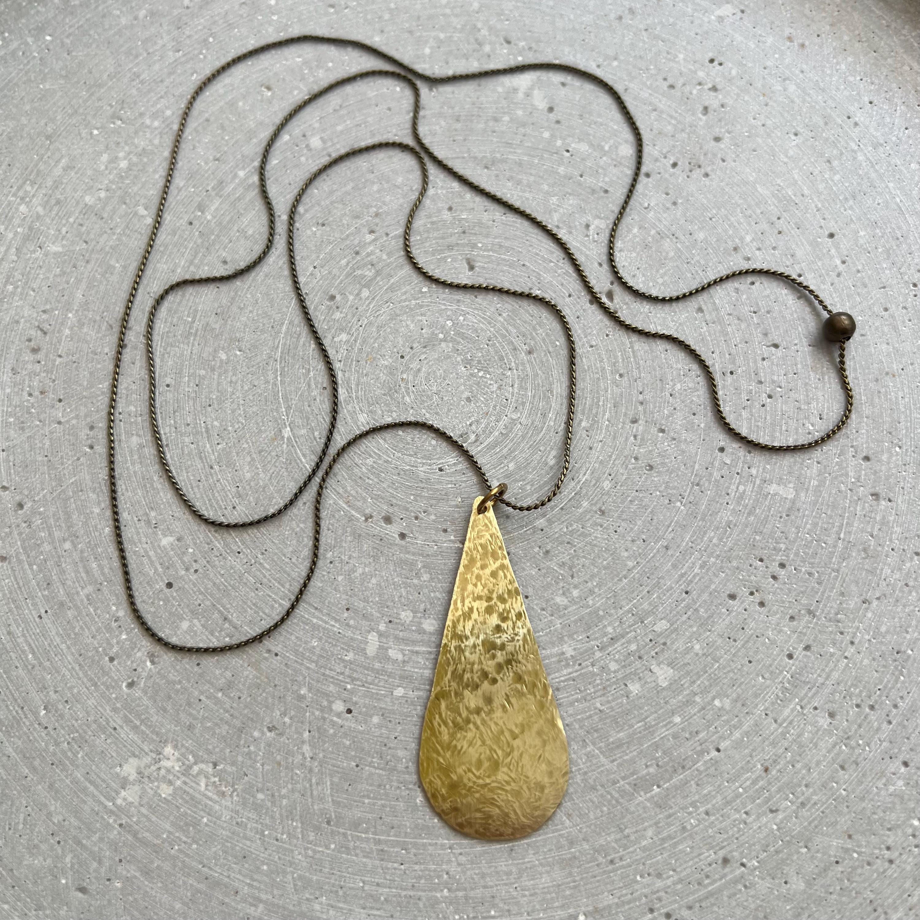 Minimalist Drop Pendant with long Snake Chain, Golden Tear Necklace, Handmade Brass Jewelry