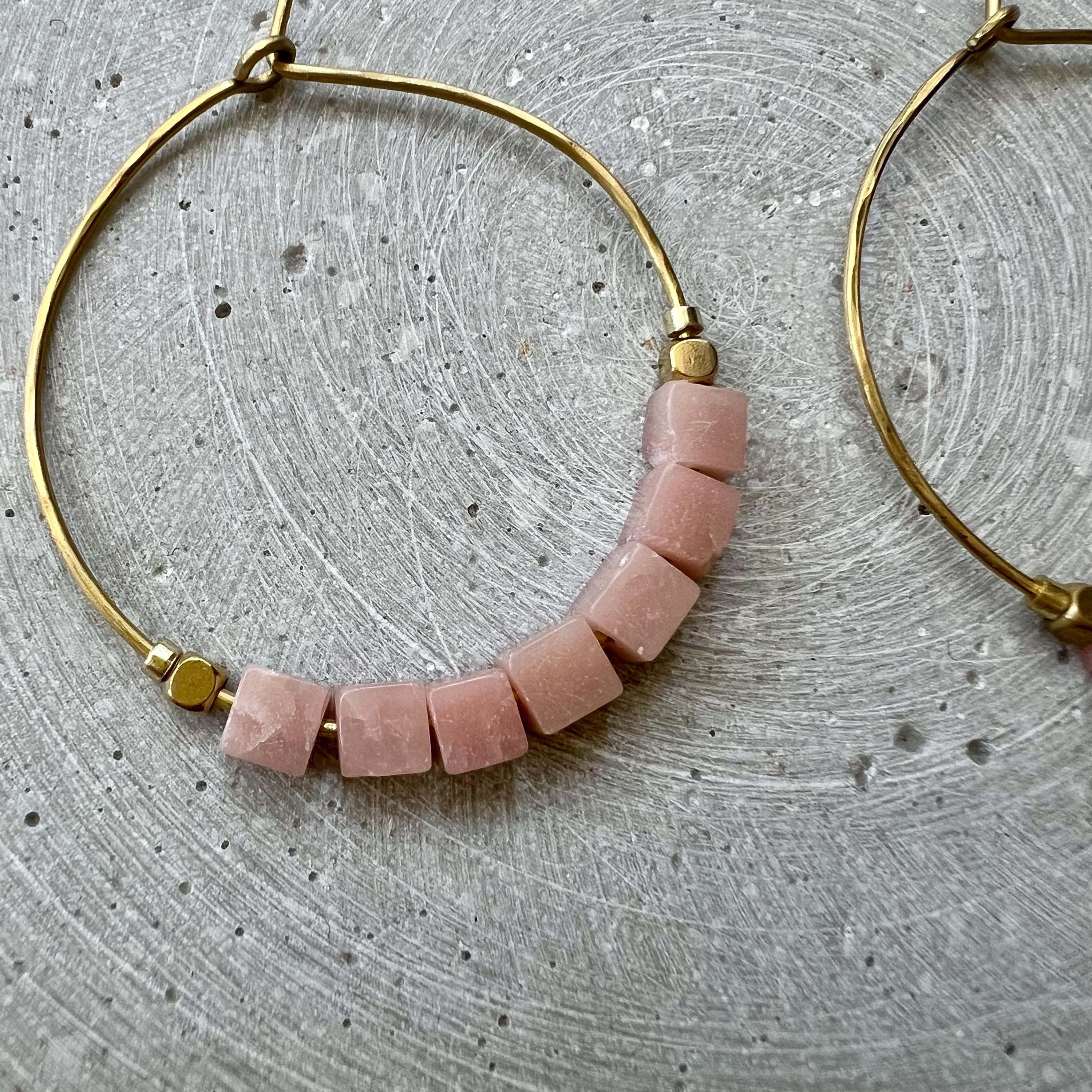 Pink Opal Creole with Gemstone Cube Beads, Pink Hoop Earrings, Handmade Brass Jewelry