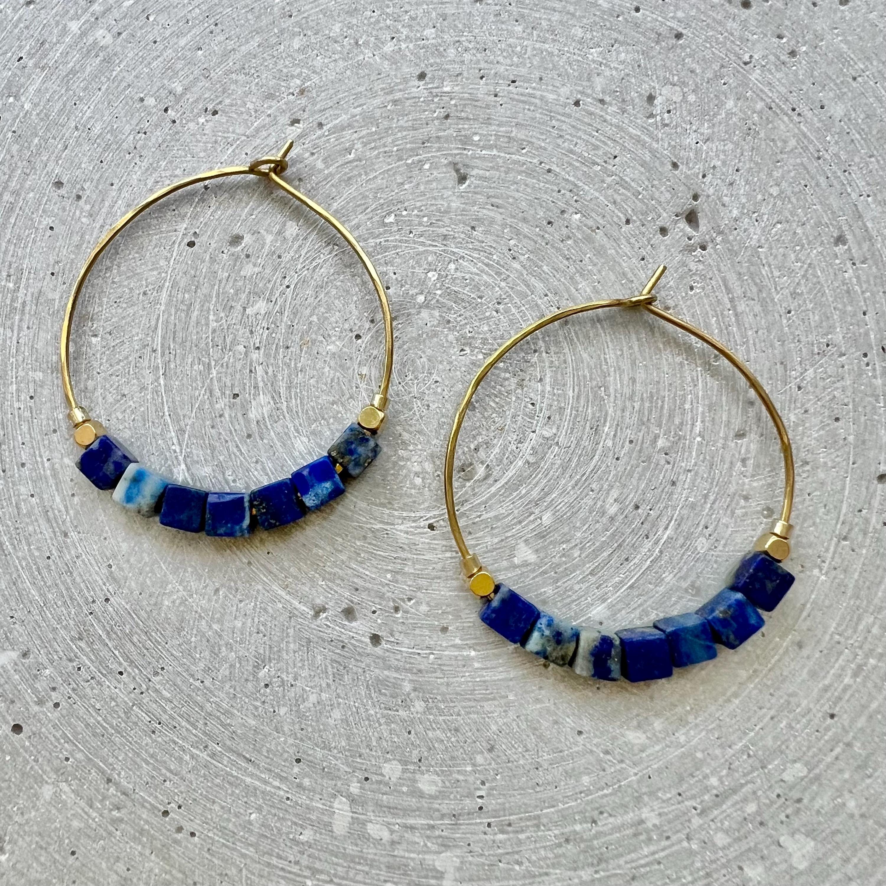Dark Blue Hoop Earrings, Lapis Lazuli Creole with Gemstone Cube Beads, Handmade Brass Jewelry