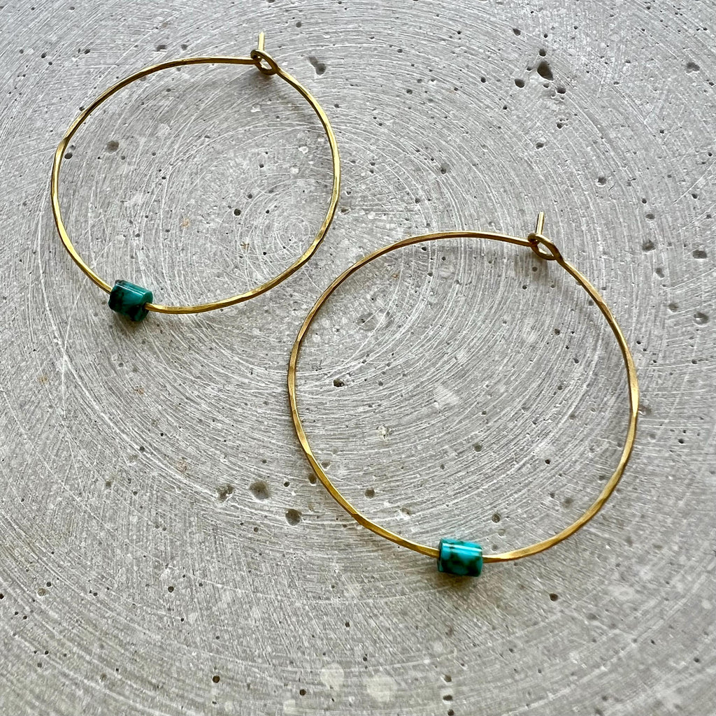 Skinny Hoops with Vintage Turquoise, Hammered Creole Earrings and Repurposed Gemstone