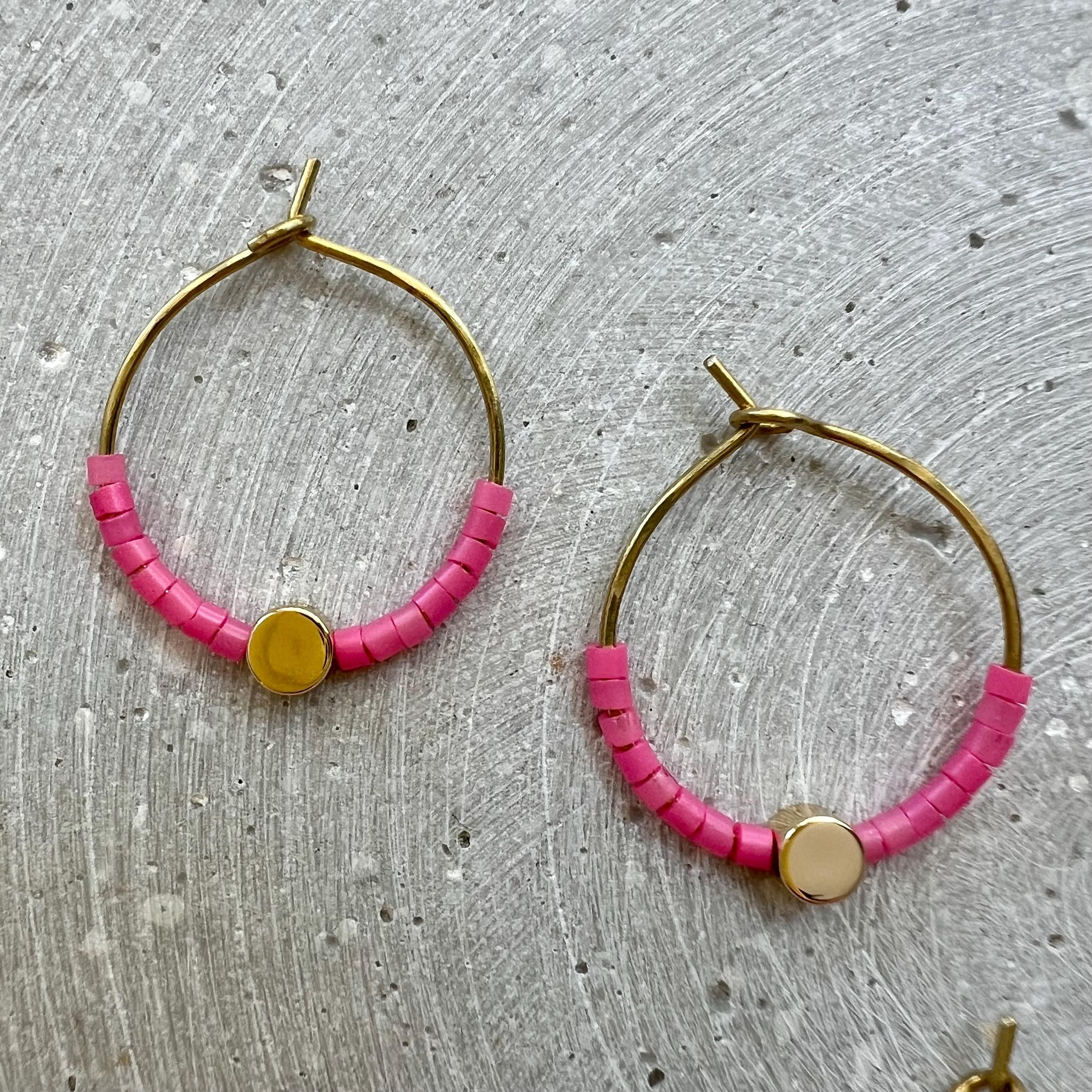 Minimalist Seed Bead Hoops, Dainty Creole Earrings with Gold Plated Dot Bead