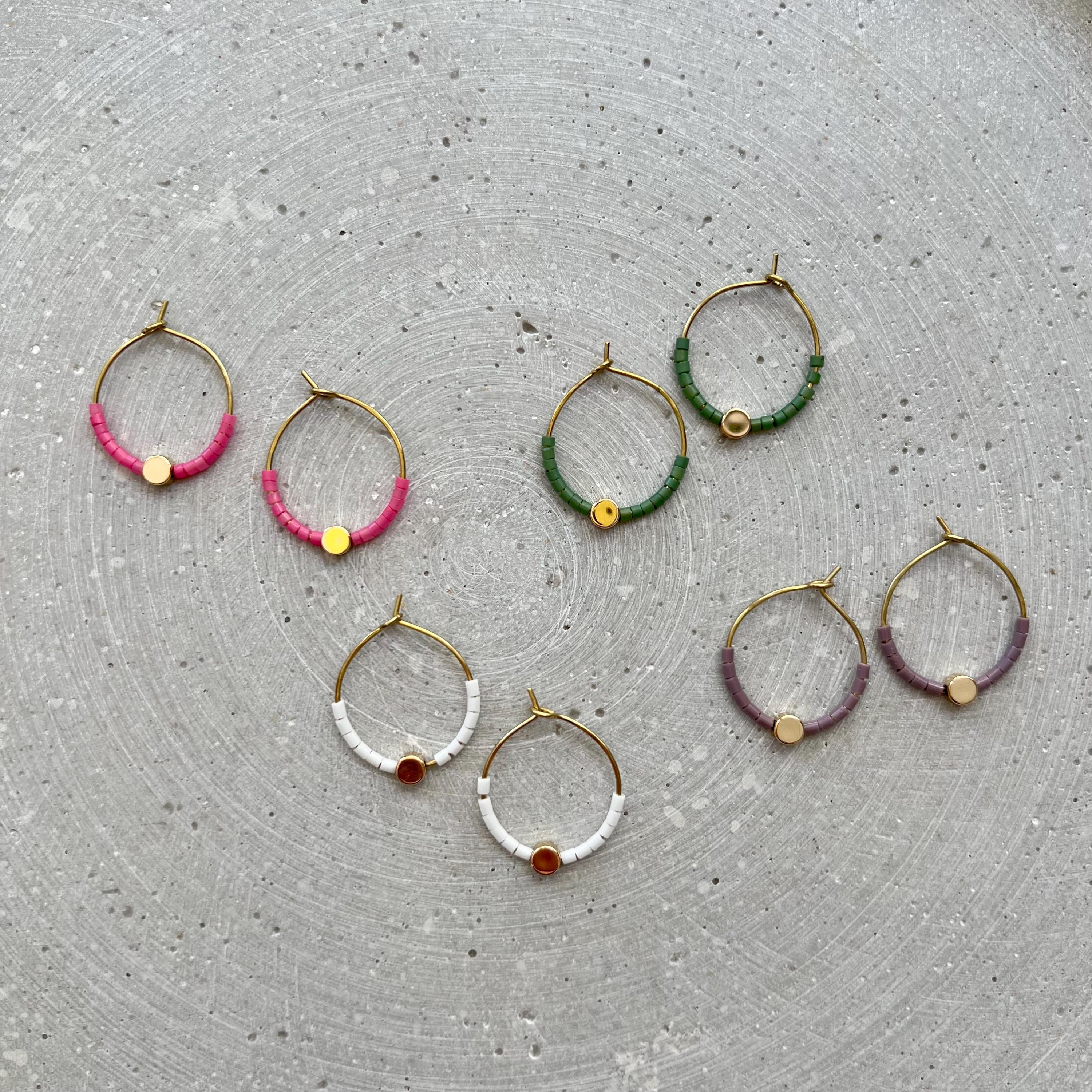 Minimalist Seed Bead Hoops, Dainty Creole Earrings with Gold Plated Dot Bead