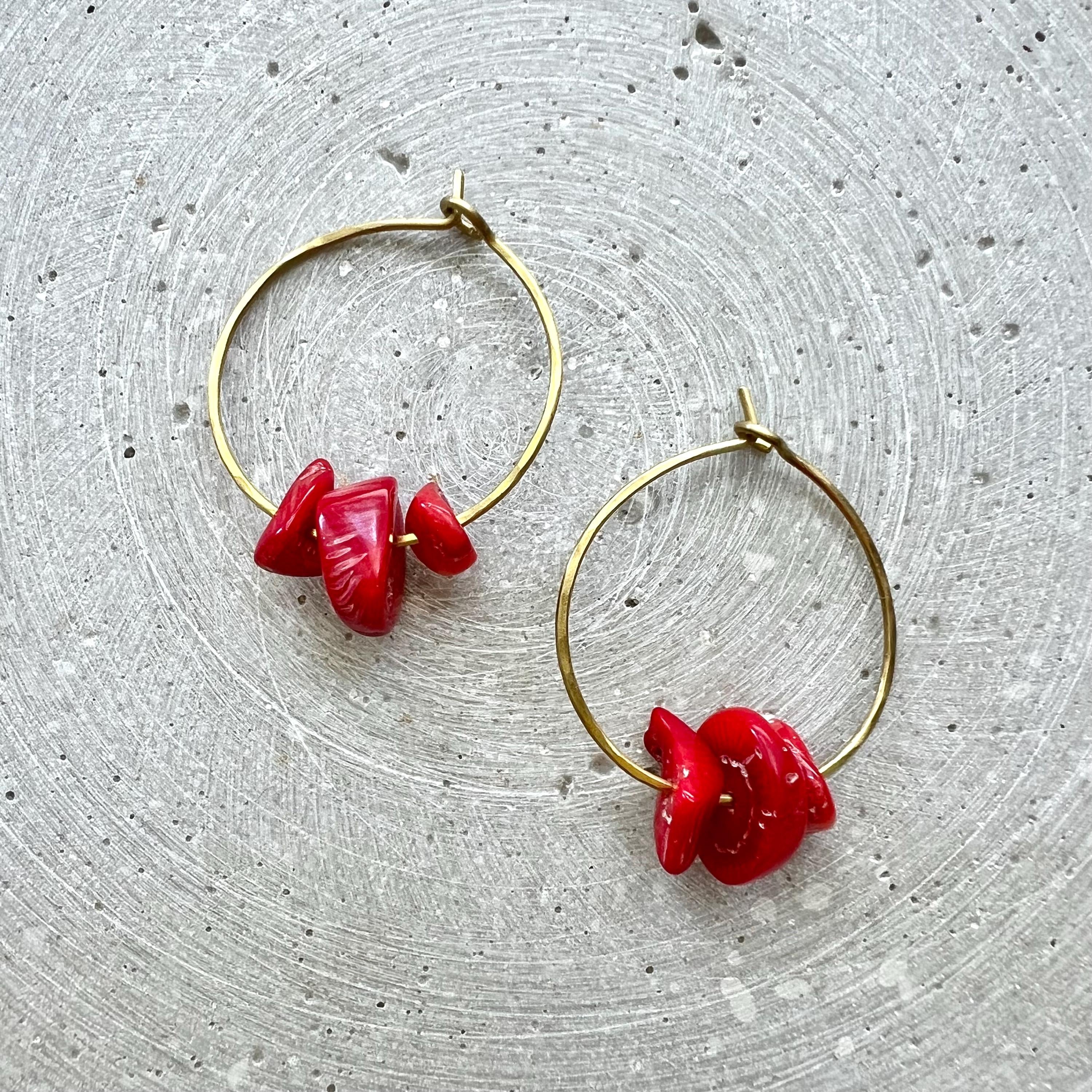 Vintage Coral Hoop Earrings, Dainty Creoles with Repurposed Beads, Handmade Brass Jewelry