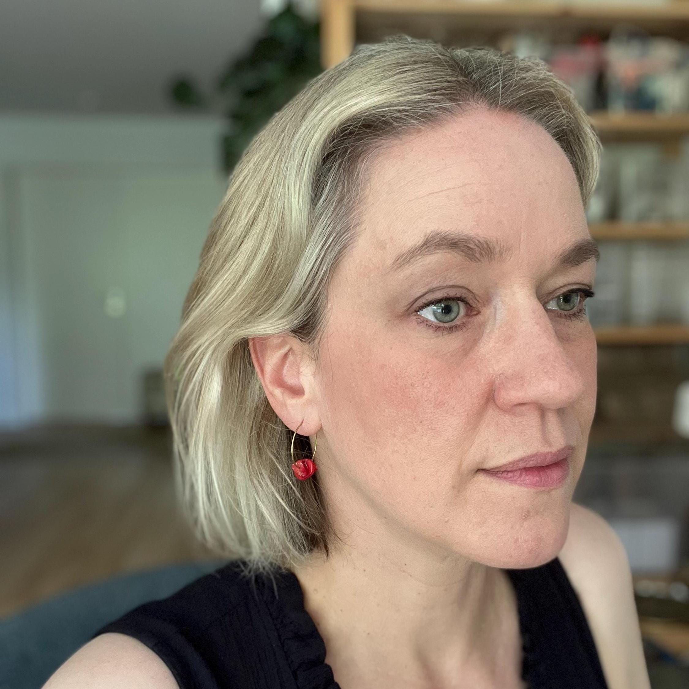 Vintage Coral Hoop Earrings, Dainty Creoles with Repurposed Beads, Handmade Brass Jewelry