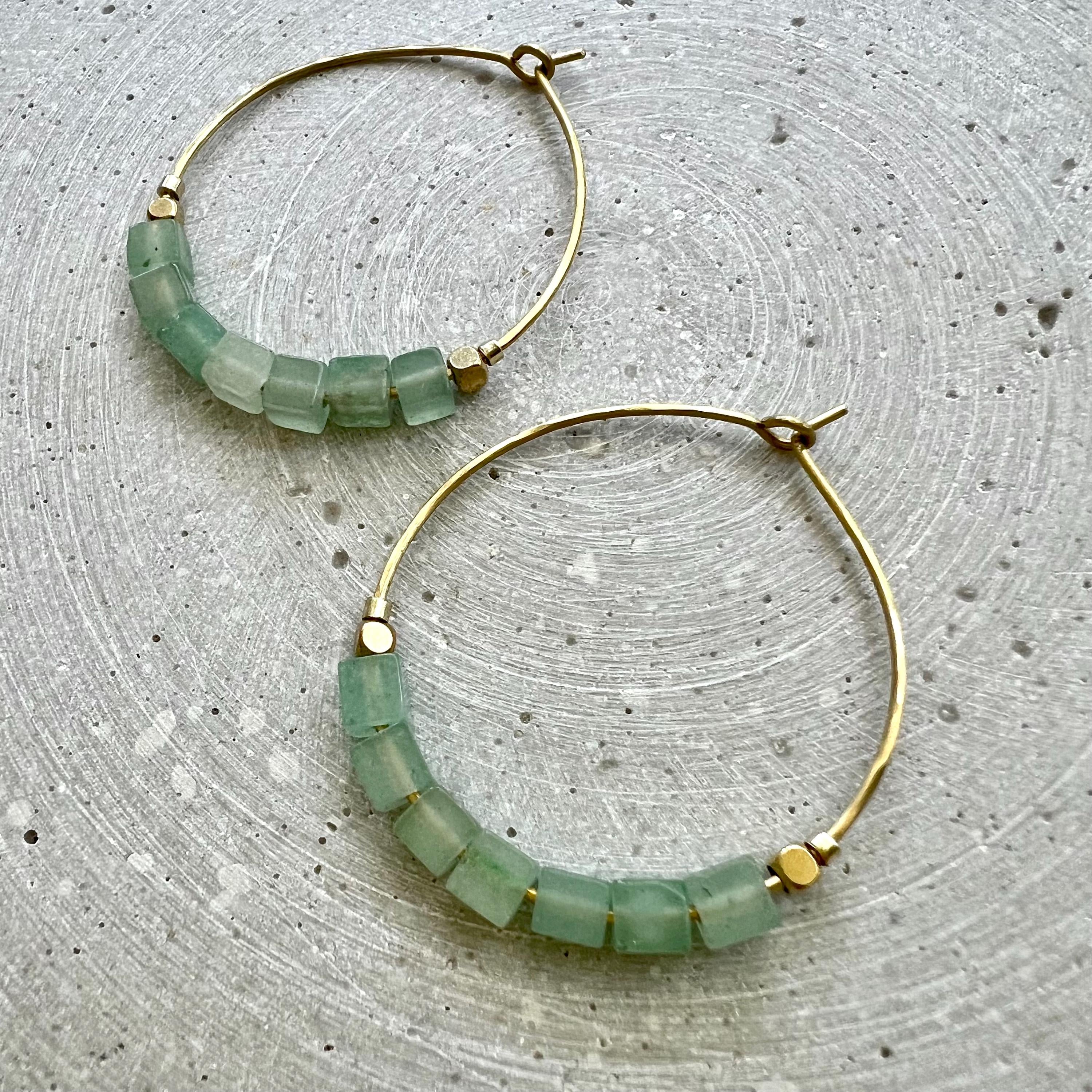 Green Aventurine Hoop Earrings, Brass Creole with Gemstone of Choice, Earrings with Cube Beads