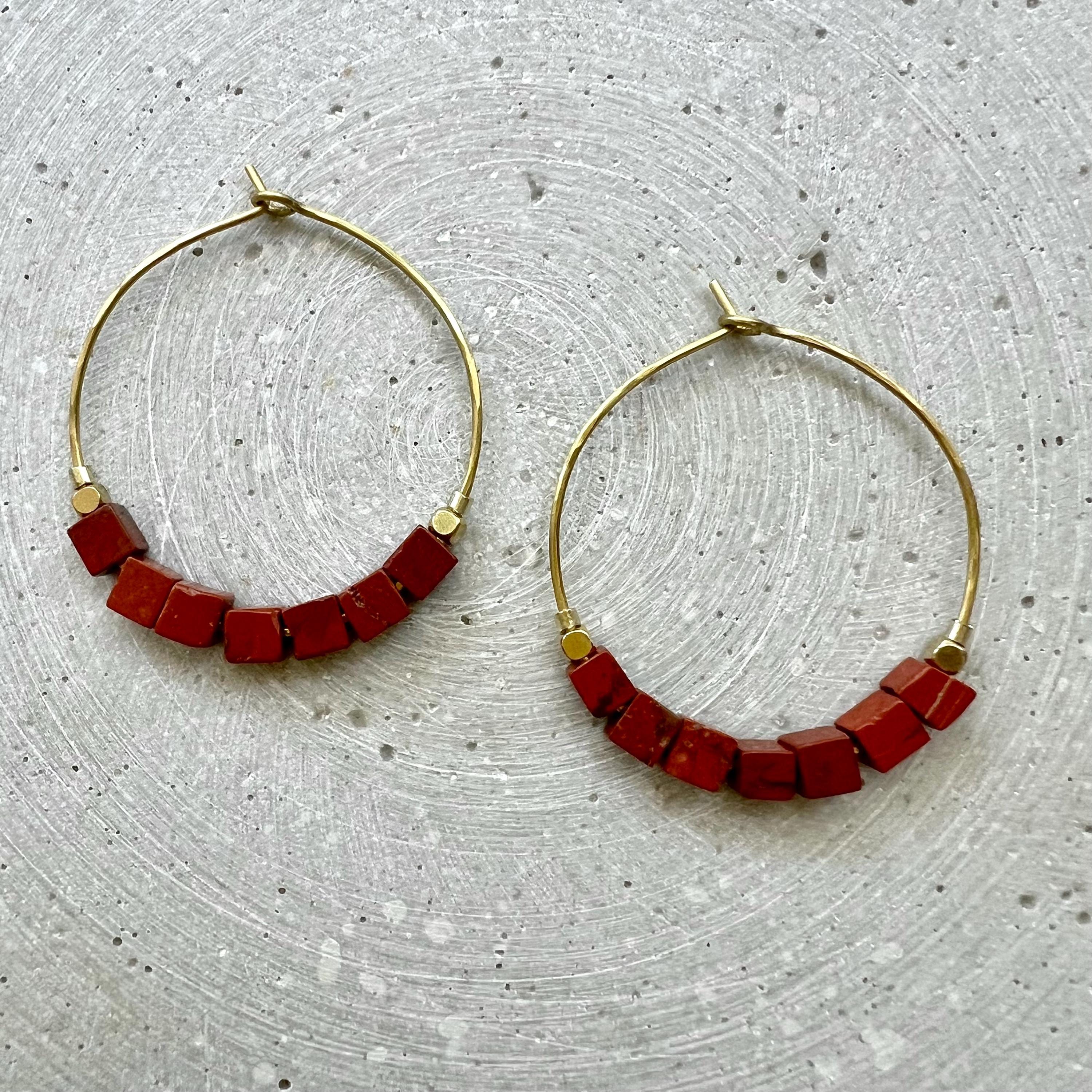 Green Aventurine Hoop Earrings, Brass Creole with Gemstone of Choice, Earrings with Cube Beads