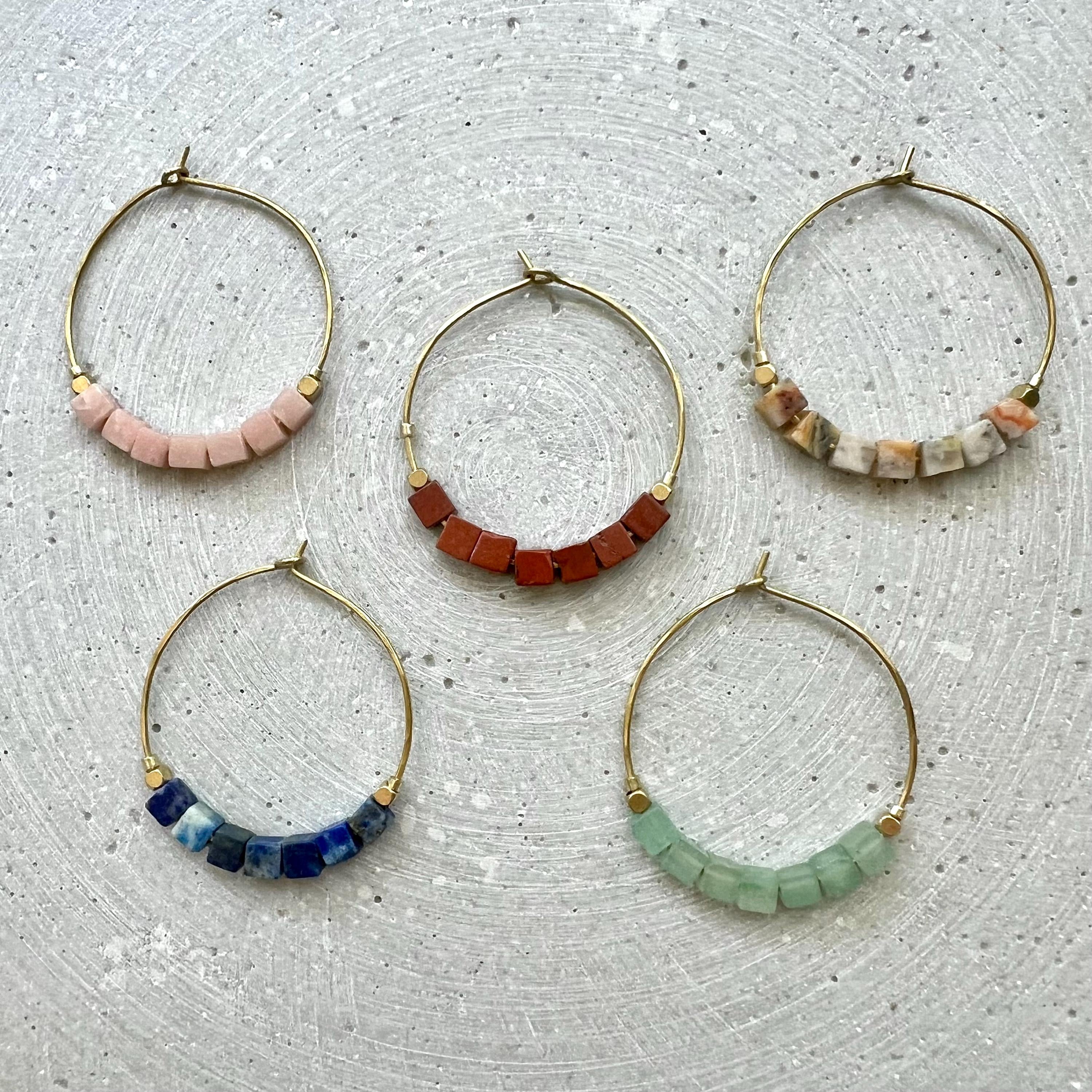 Green Aventurine Hoop Earrings, Brass Creole with Gemstone of Choice, Earrings with Cube Beads
