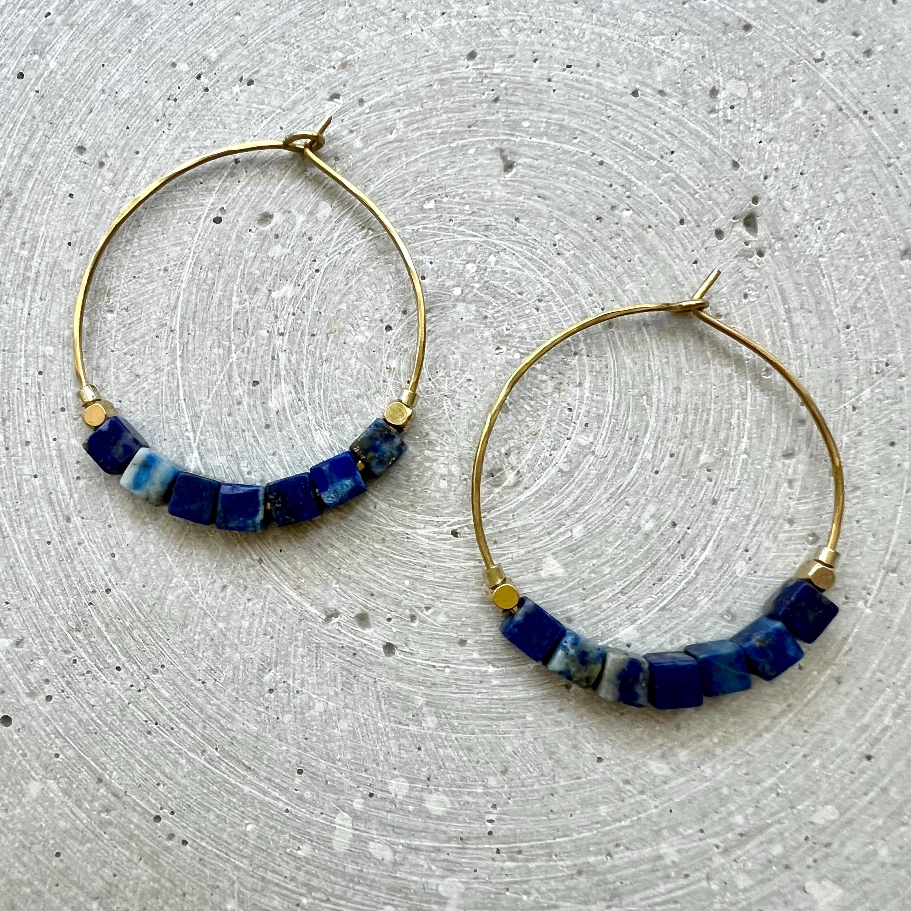 Green Aventurine Hoop Earrings, Brass Creole with Gemstone of Choice, Earrings with Cube Beads