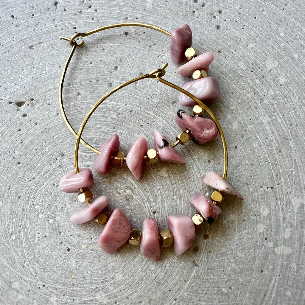 Rhodochrosite Nugget Creole Earrings, Dainty Hoops with Pink Gemstones, Handmade Brass Earring