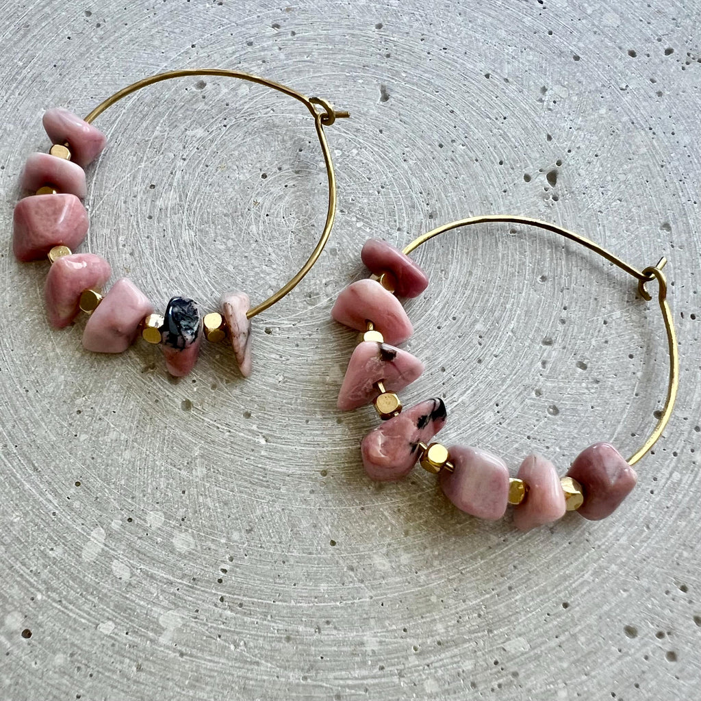 Rhodochrosite Nugget Creole Earrings, Dainty Hoops with Pink Gemstones, Handmade Brass Earring
