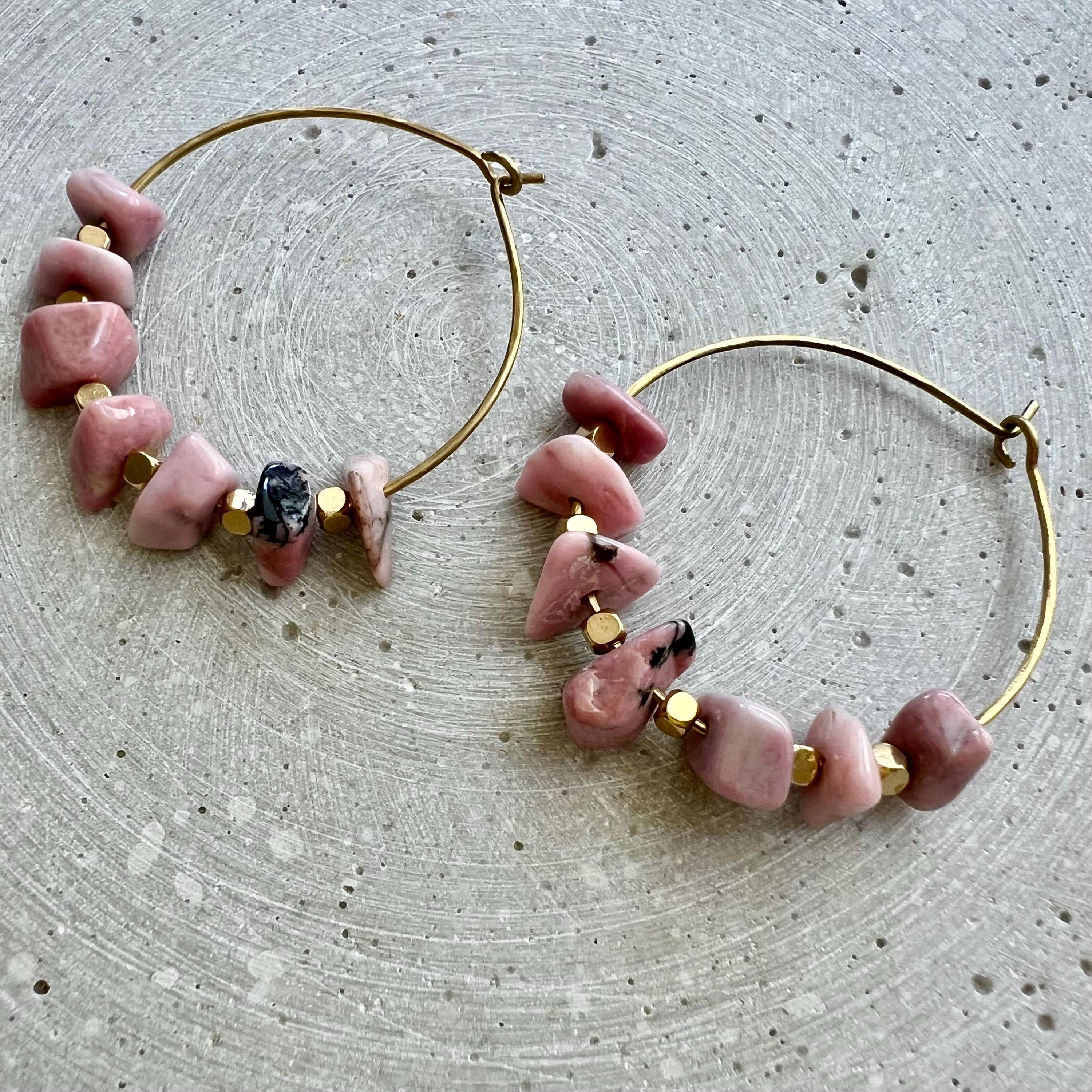 Rhodochrosite Nugget Creole Earrings, Dainty Hoops with Pink Gemstones, Handmade Brass Earring