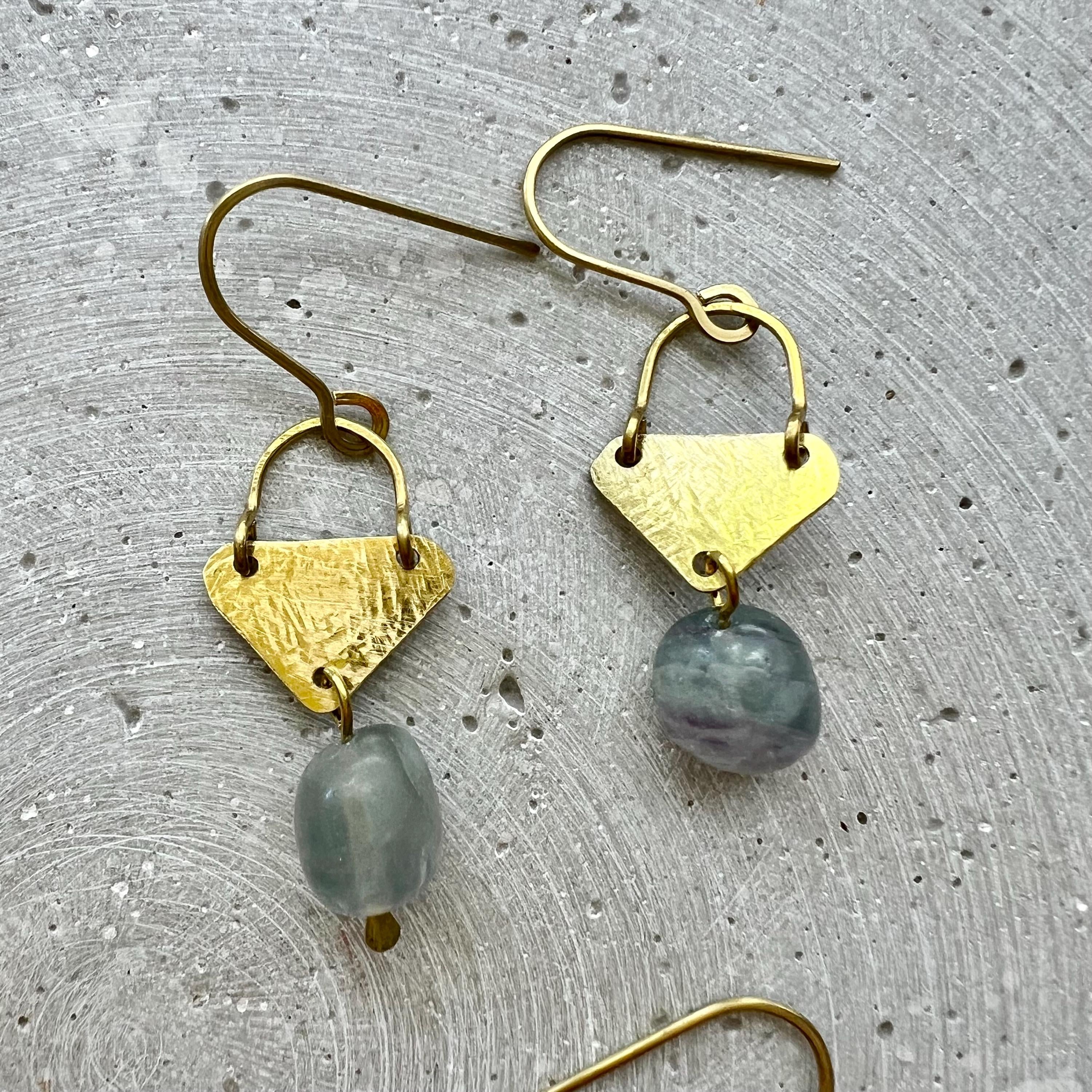 Blue Fluorite Drop Earrings with Hammered Brass Parts, One of a Kind Handmade Jewelry