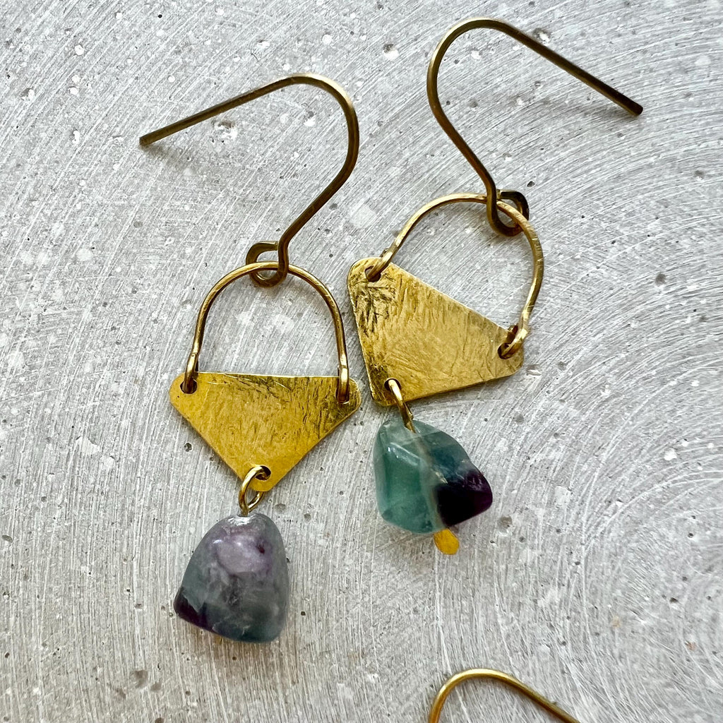 Blue Fluorite Drop Earrings with Hammered Brass Parts, One of a Kind Handmade Jewelry