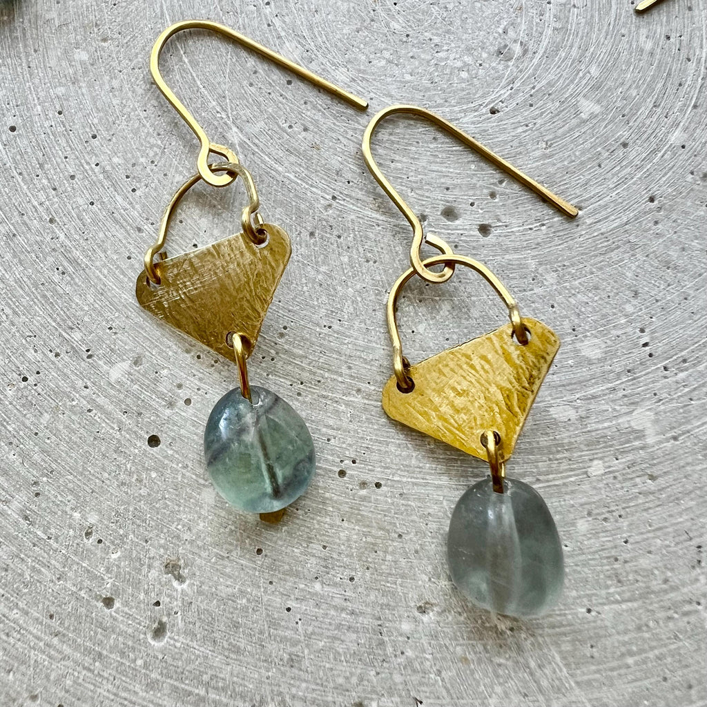 Blue Fluorite Drop Earrings with Hammered Brass Parts, One of a Kind Handmade Jewelry