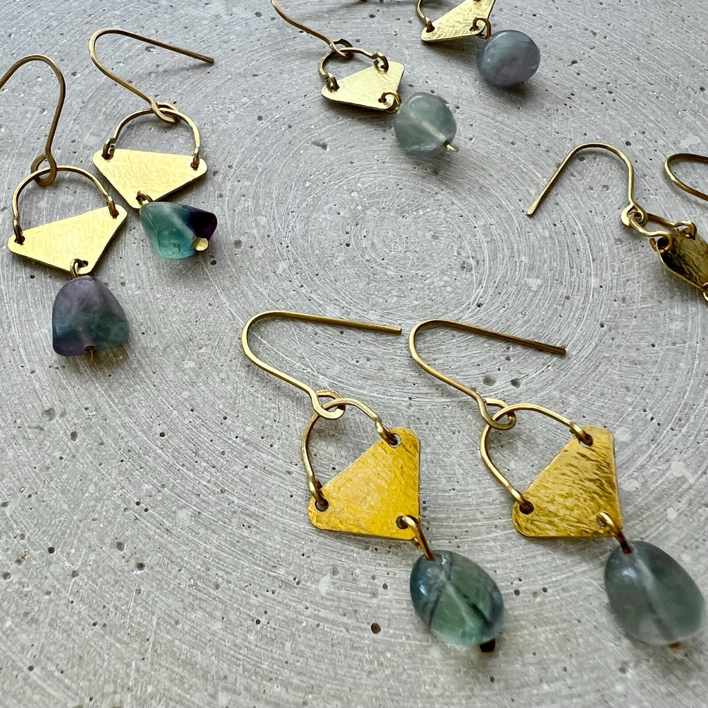 Blue Fluorite Drop Earrings with Hammered Brass Parts, One of a Kind Handmade Jewelry