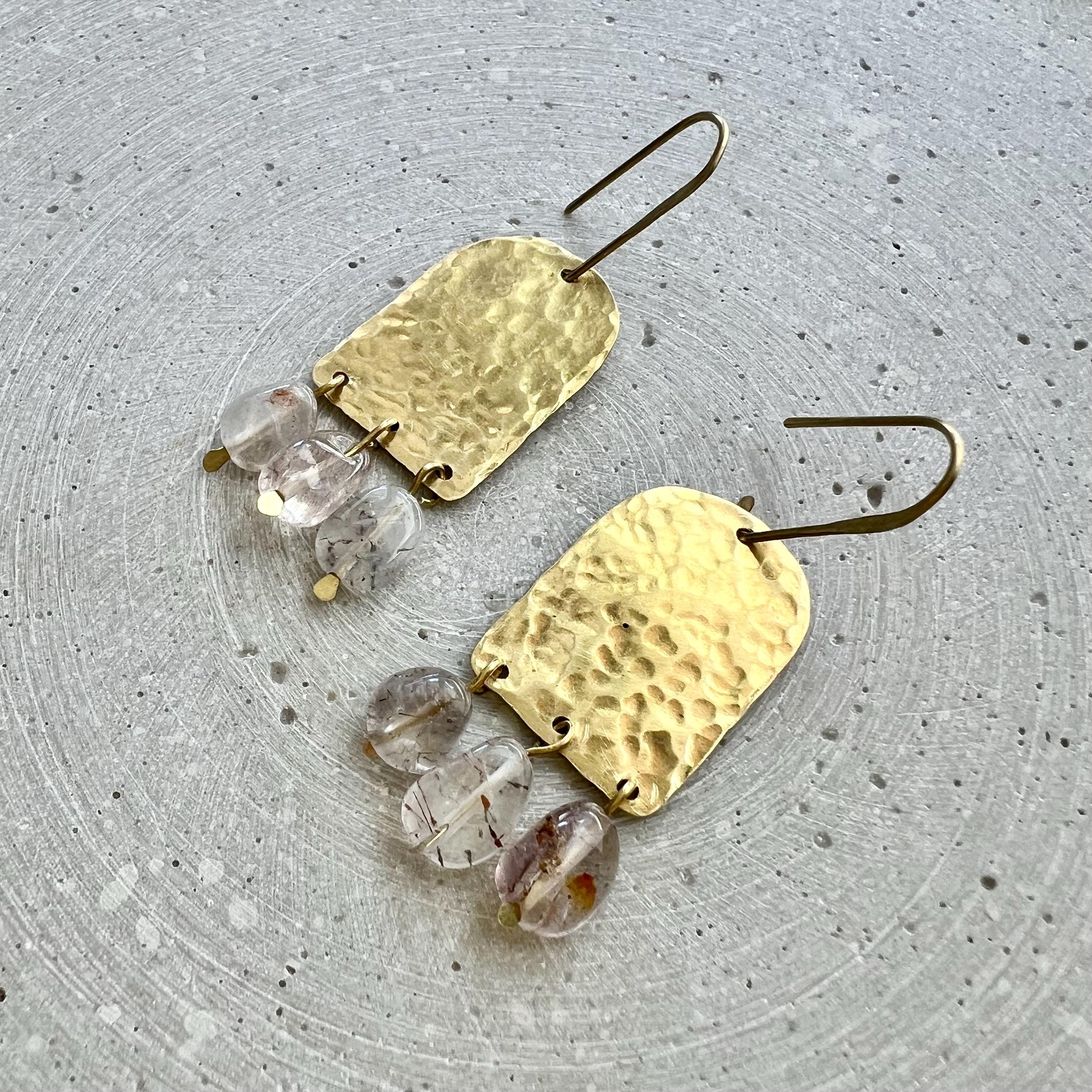Rutilated Quartz Statement Earrings, Hammered Brass Chandeliers with Translucent Gemstones