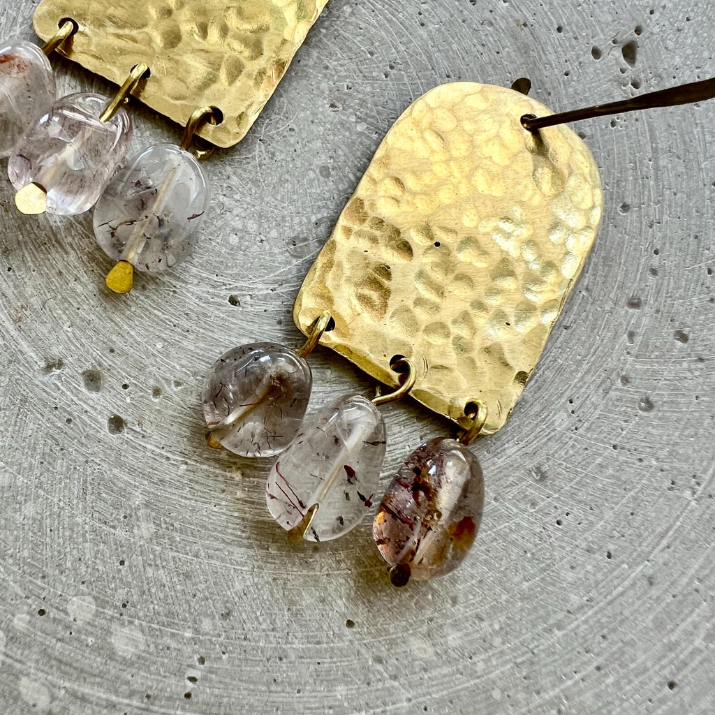 Rutilated Quartz Statement Earrings, Hammered Brass Chandeliers with Translucent Gemstones