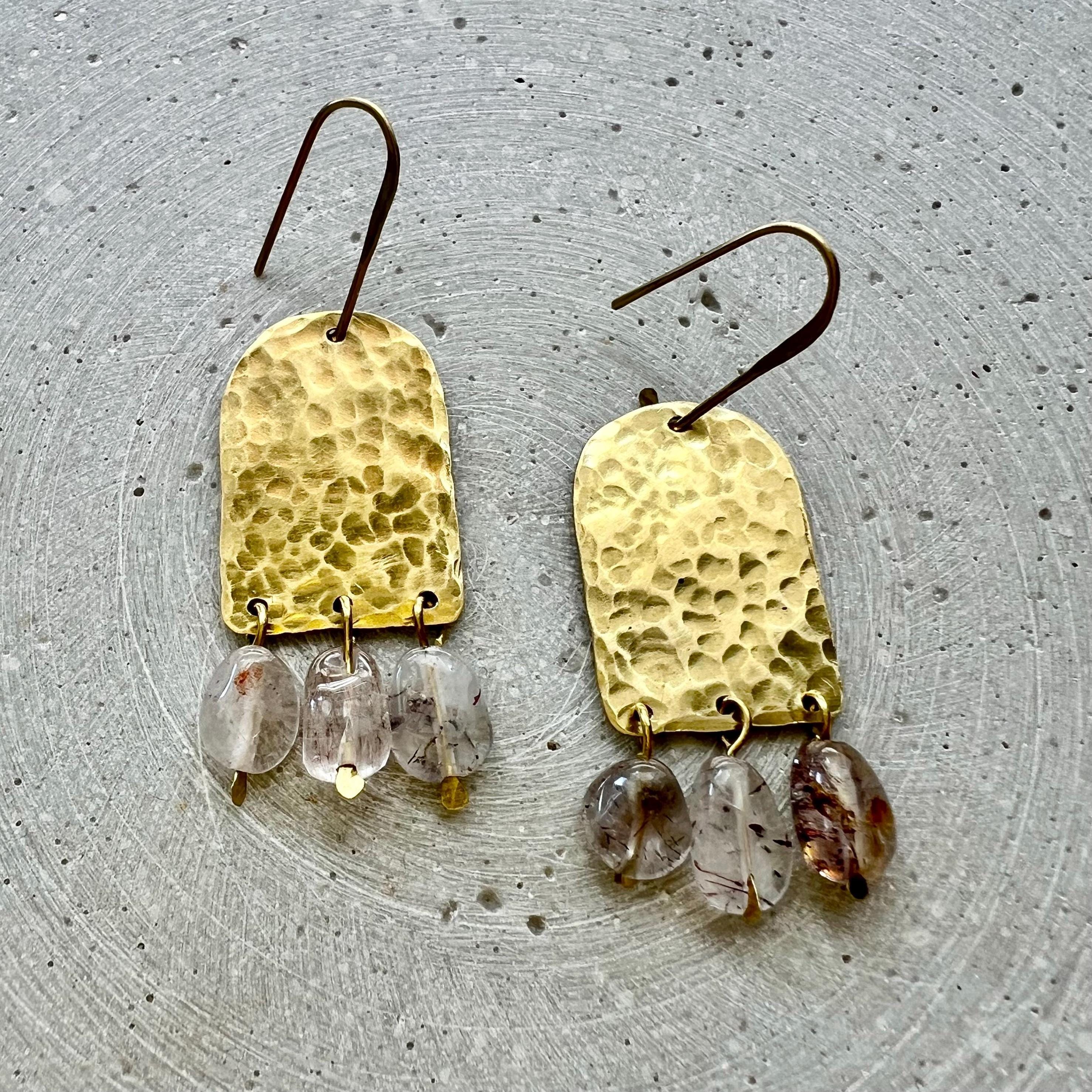 Rutilated Quartz Statement Earrings, Hammered Brass Chandeliers with Translucent Gemstones