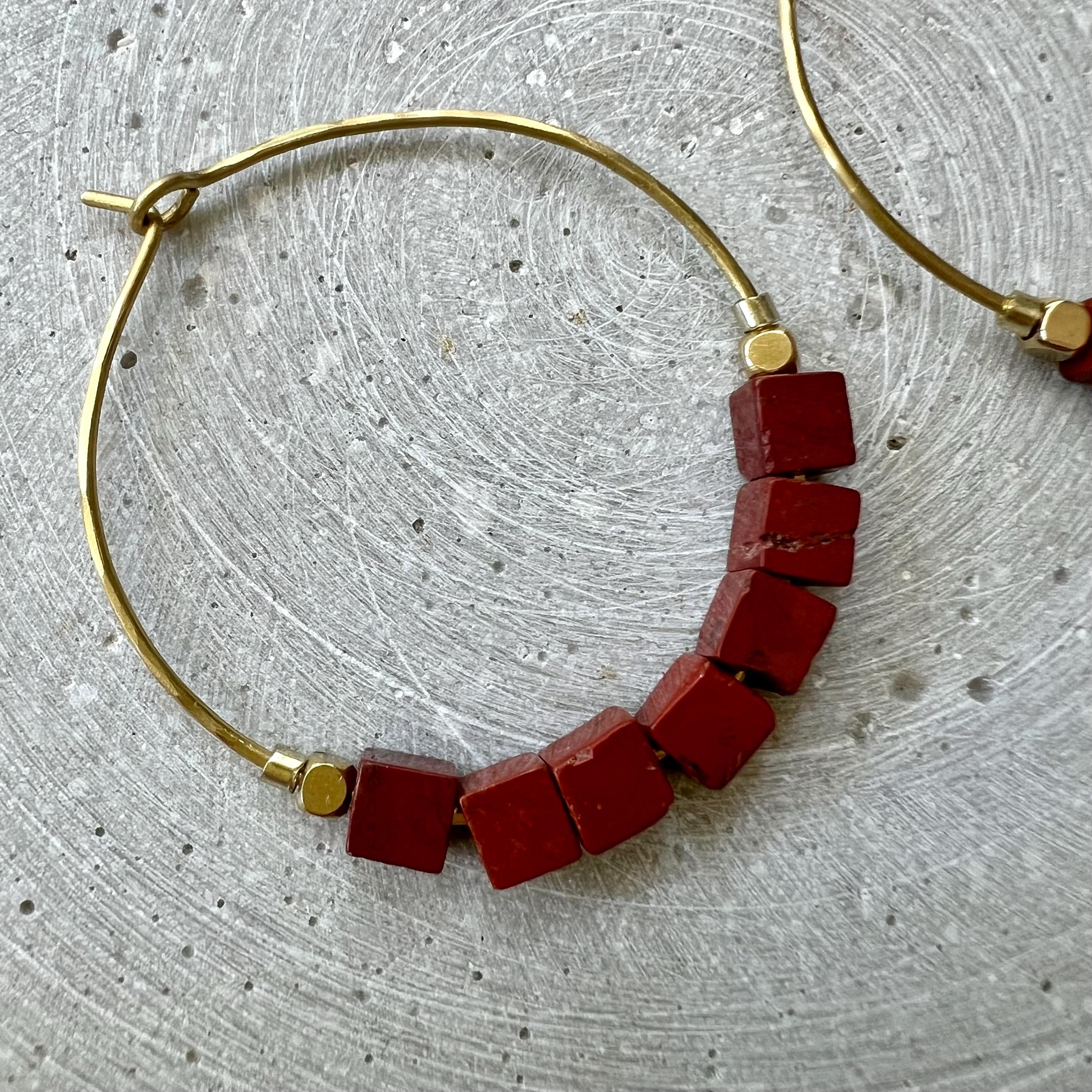 Red Jasper Creole, Hoop Earrings with Cube Shaped Gemstones, Handmade Skinny Hoops