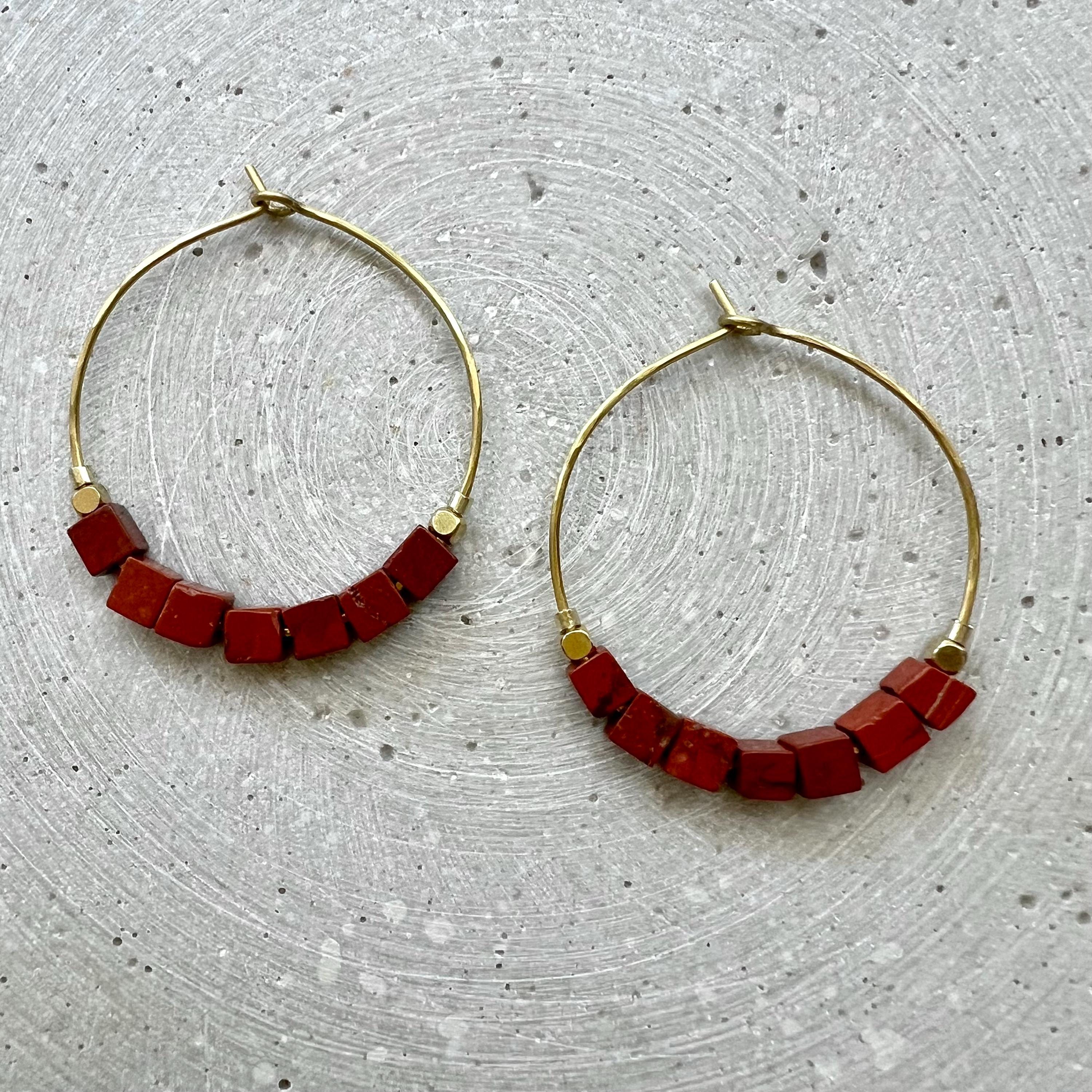 Red Jasper Creole, Hoop Earrings with Cube Shaped Gemstones, Handmade Skinny Hoops