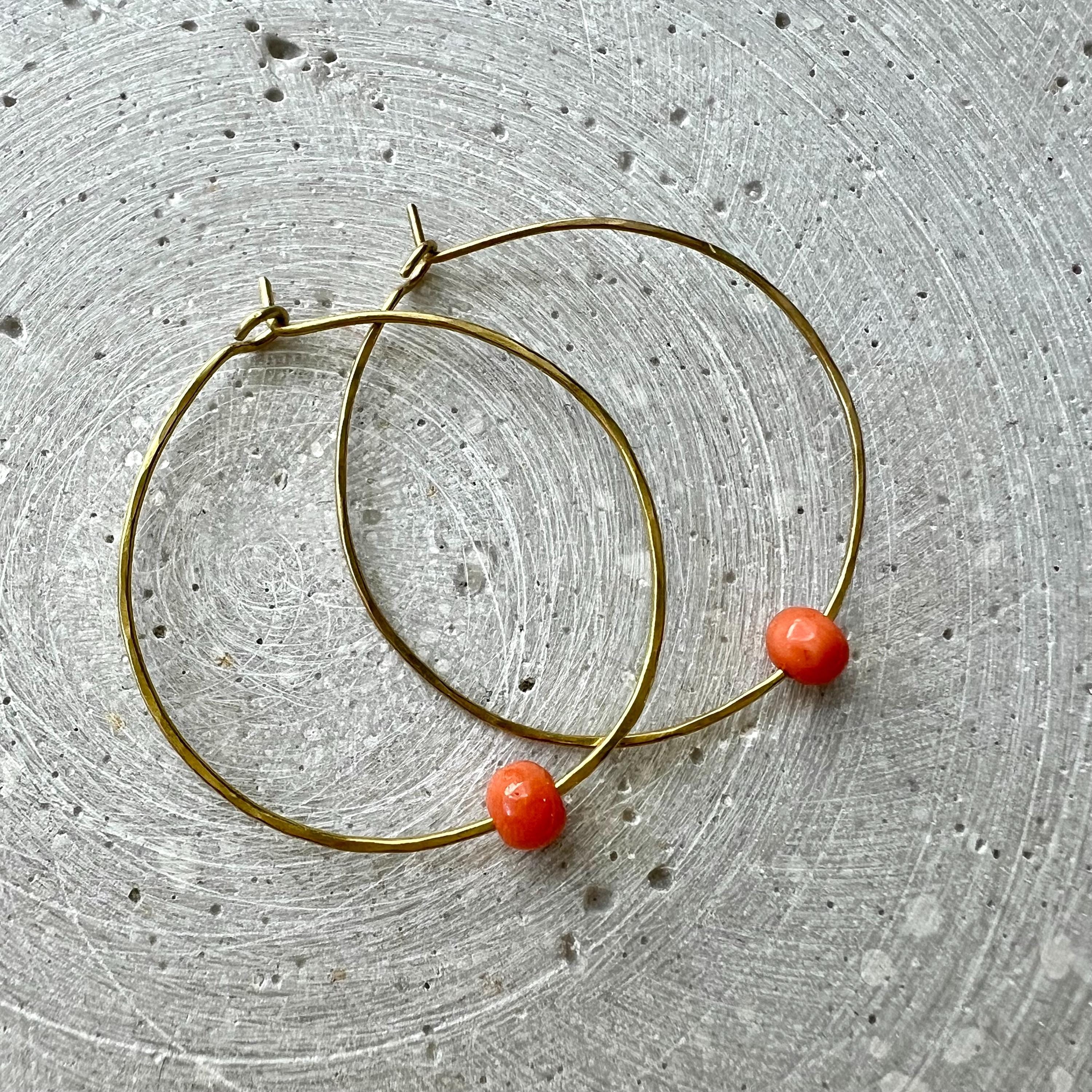 Dainty Creoles with Vintage Coral, Skinny Hoop Earrings with Repurposed Orange Gemstone Bead