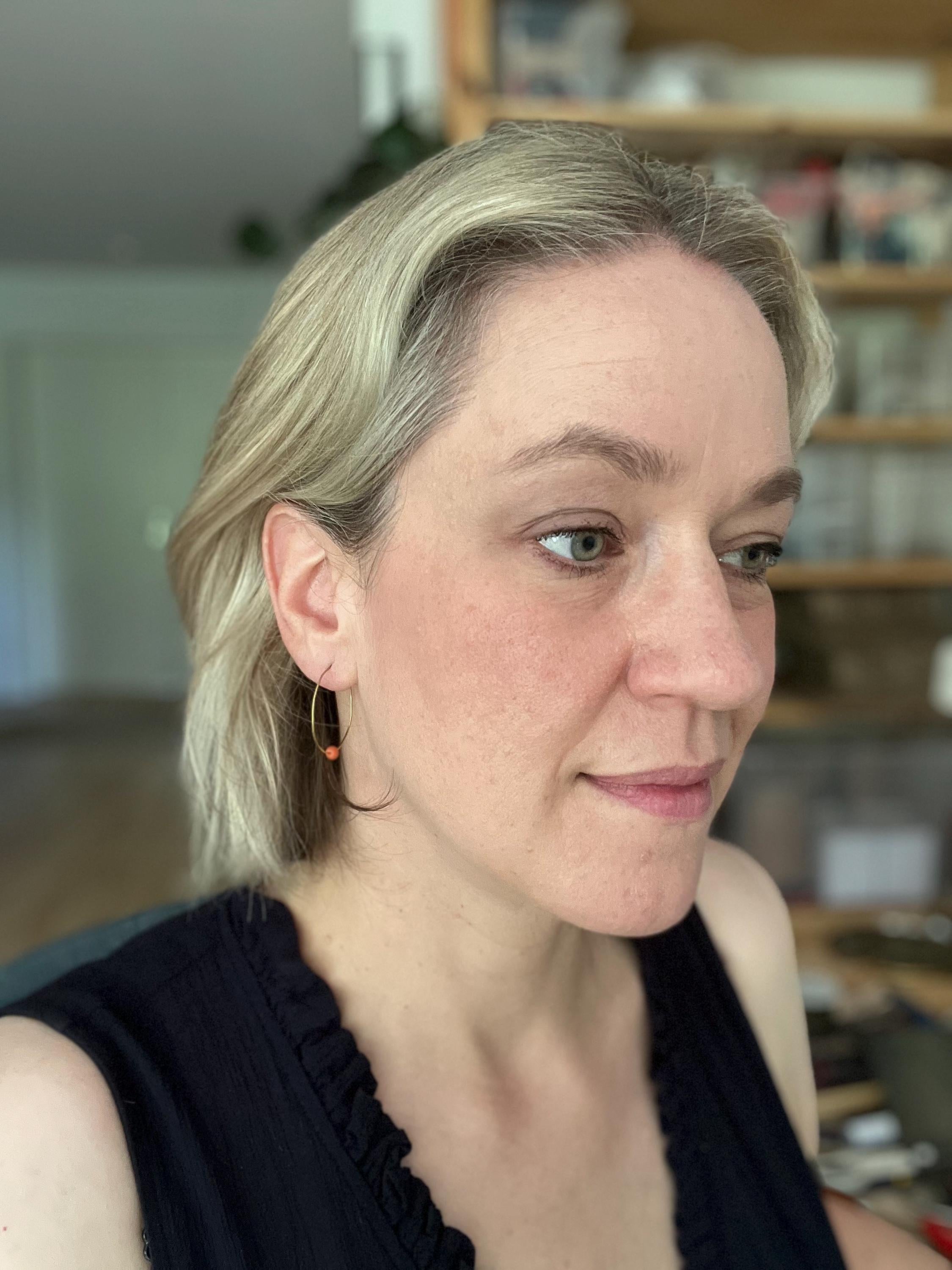 Dainty Creoles with Vintage Coral, Skinny Hoop Earrings with Repurposed Orange Gemstone Bead