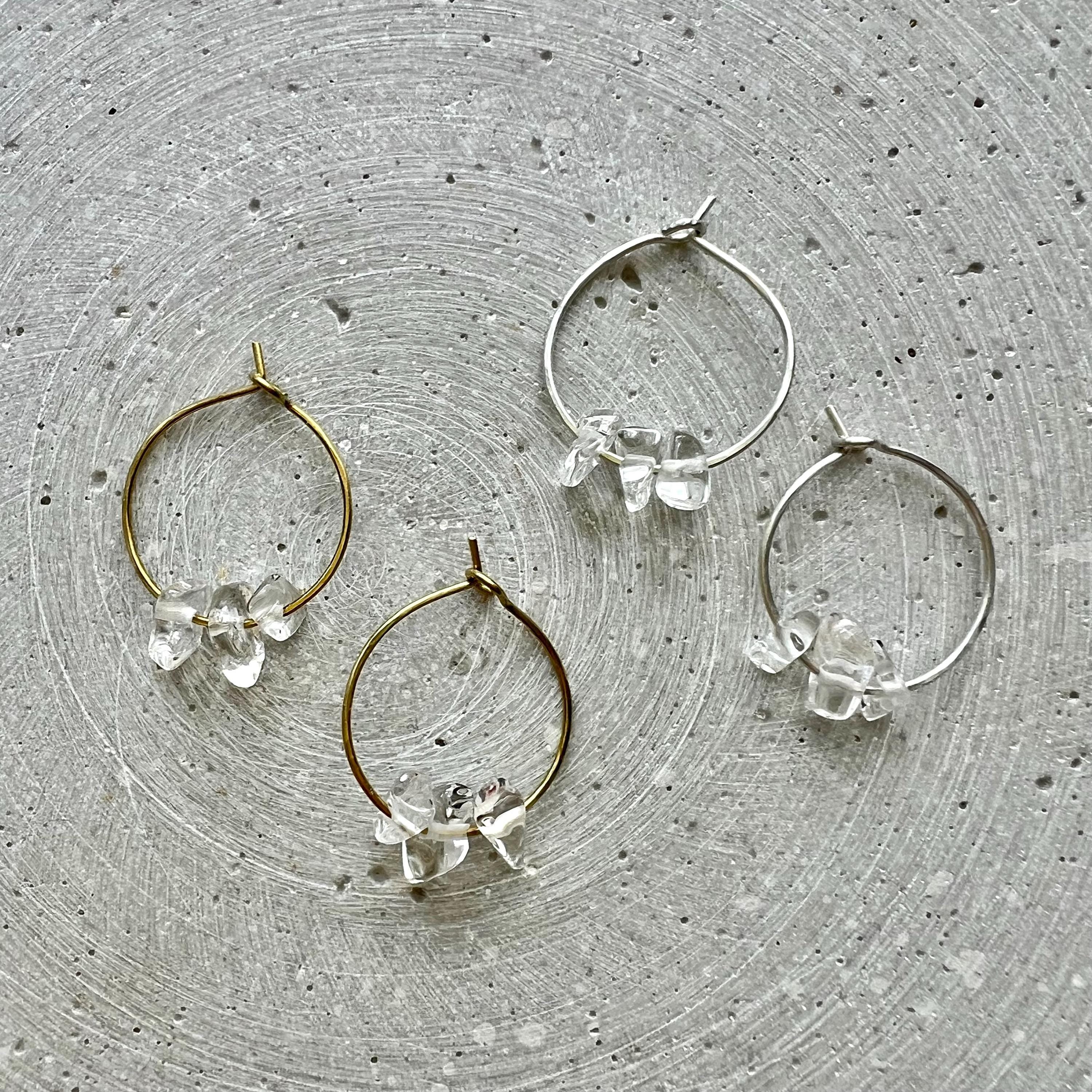 Sterling Silver Hoops with Rock Crystal Nuggets, Dainty Creole Earrings with Gemstone Beads