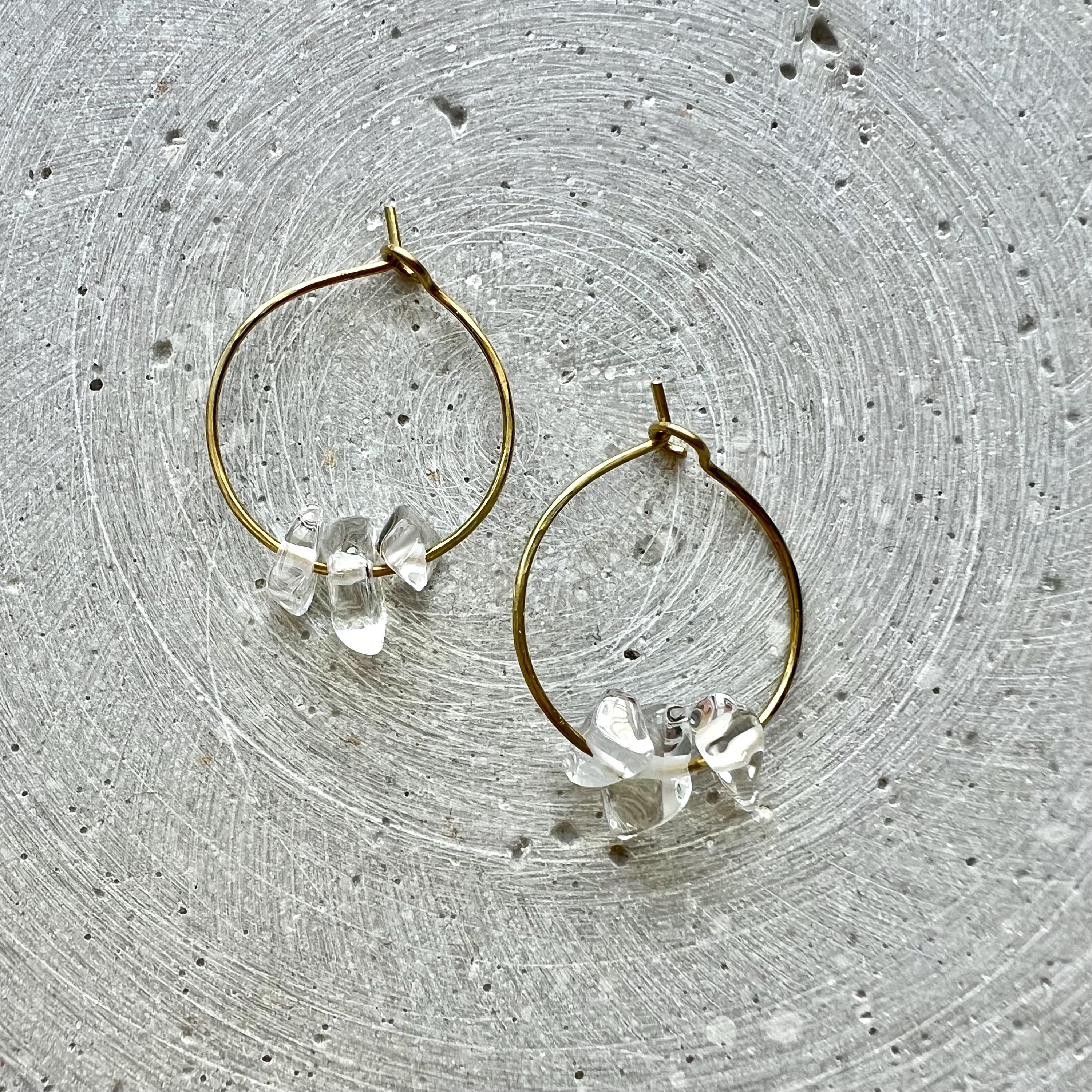 Sterling Silver Hoops with Rock Crystal Nuggets, Dainty Creole Earrings with Gemstone Beads