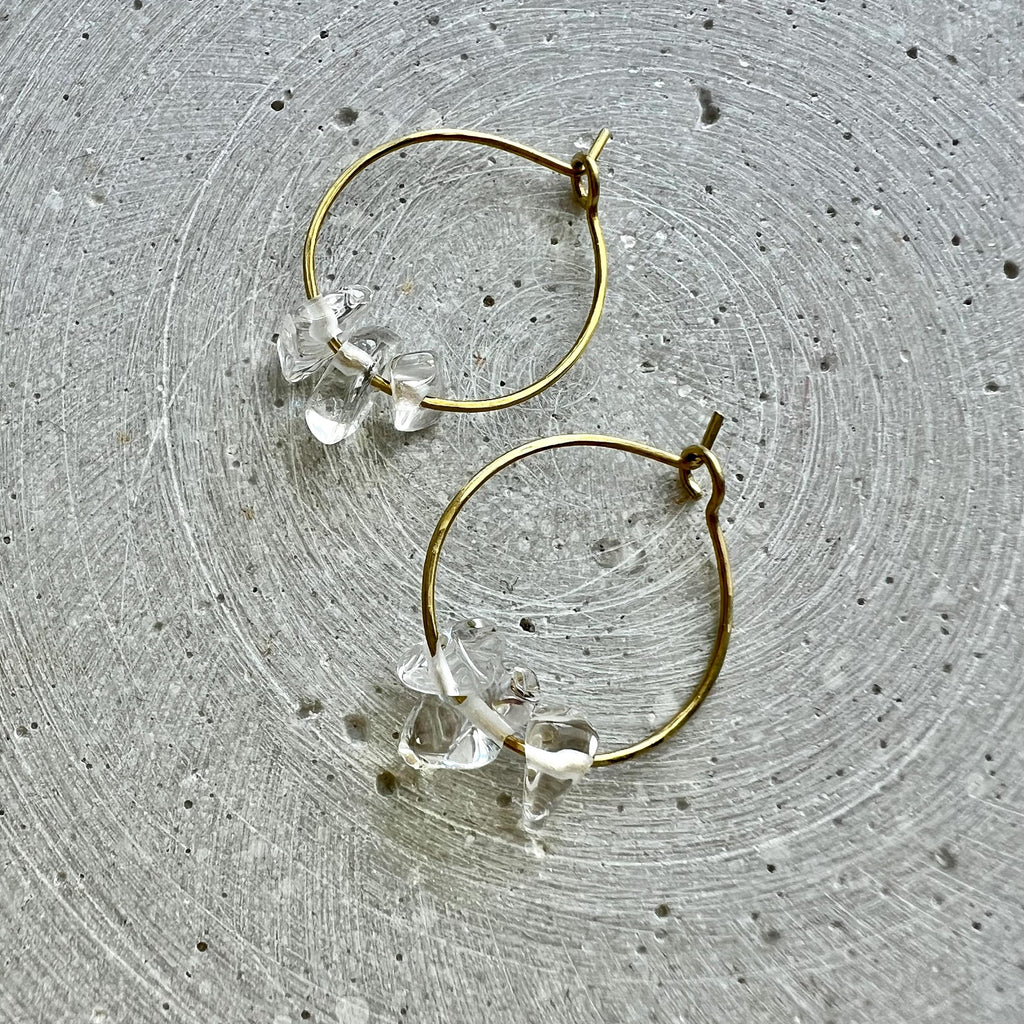 Sterling Silver Hoops with Rock Crystal Nuggets, Dainty Creole Earrings with Gemstone Beads