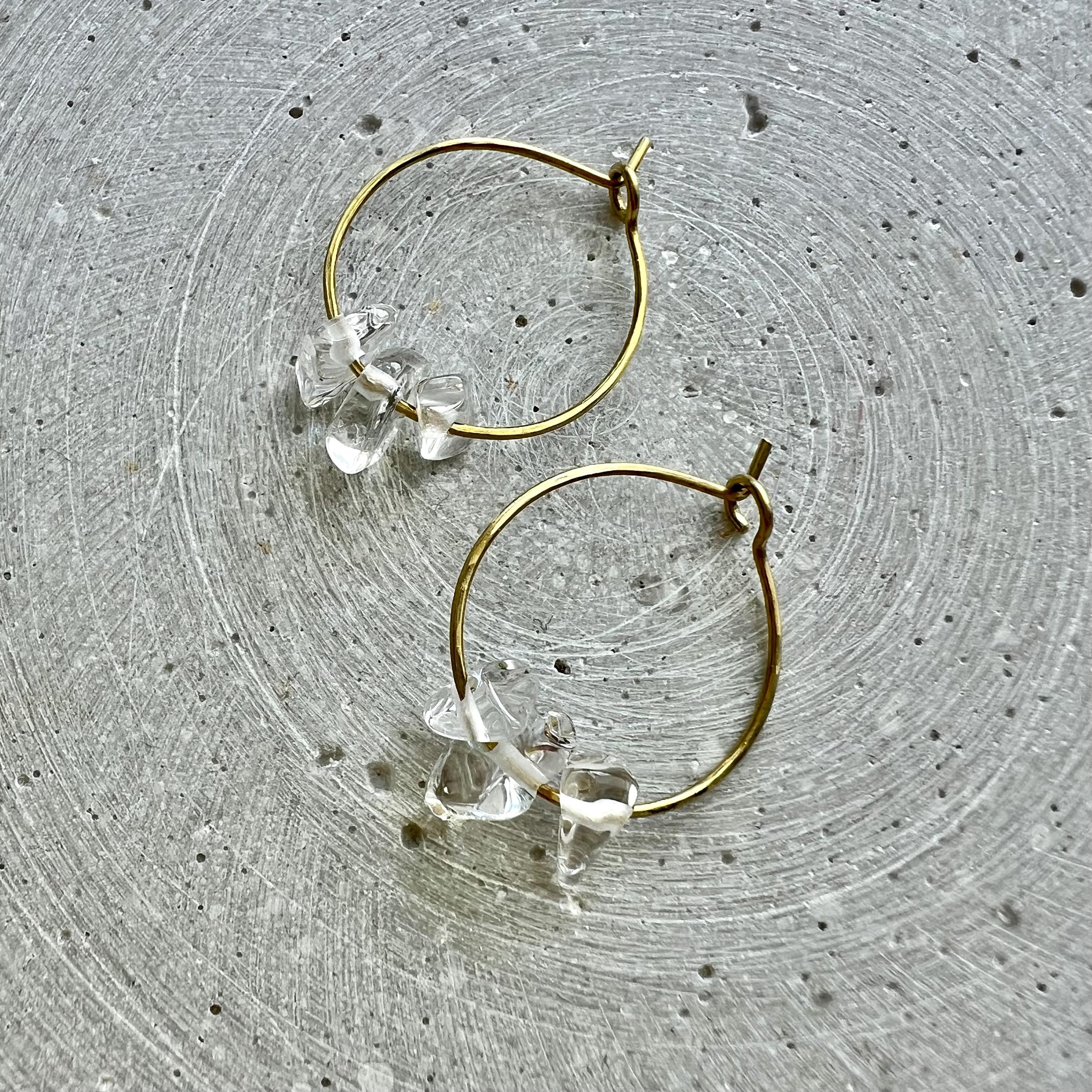 Sterling Silver Hoops with Rock Crystal Nuggets, Dainty Creole Earrings with Gemstone Beads