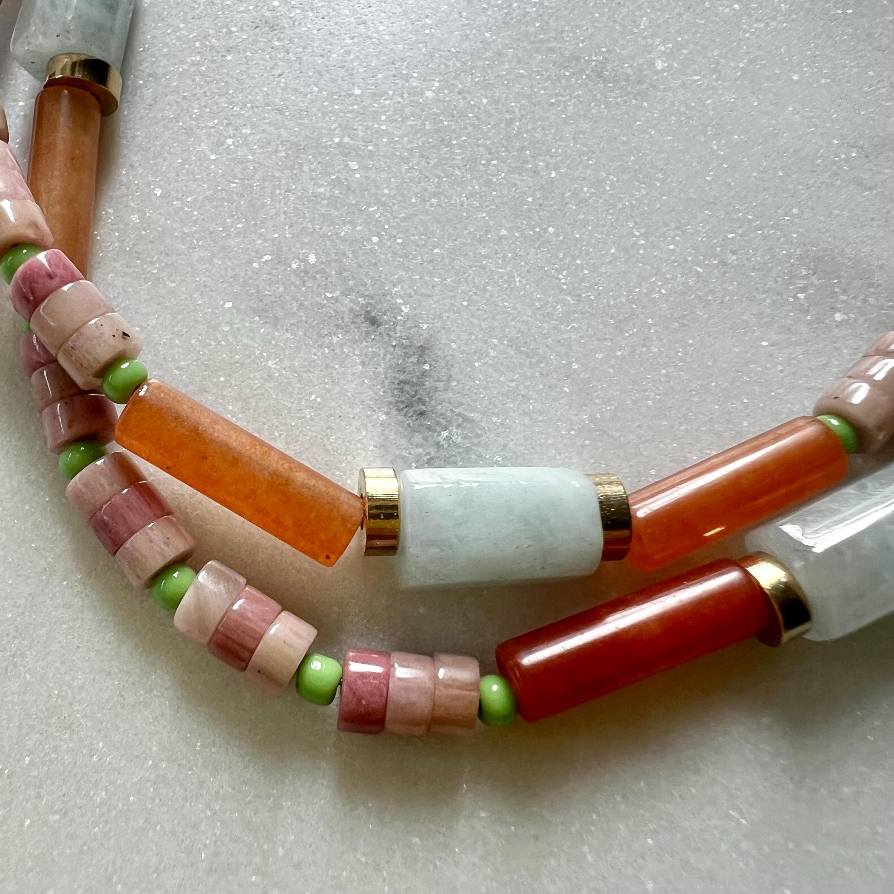 Aquamarin and Rhodochrosite Necklace, Colorful Surfer Necklace with Gemstones and Seed Beads