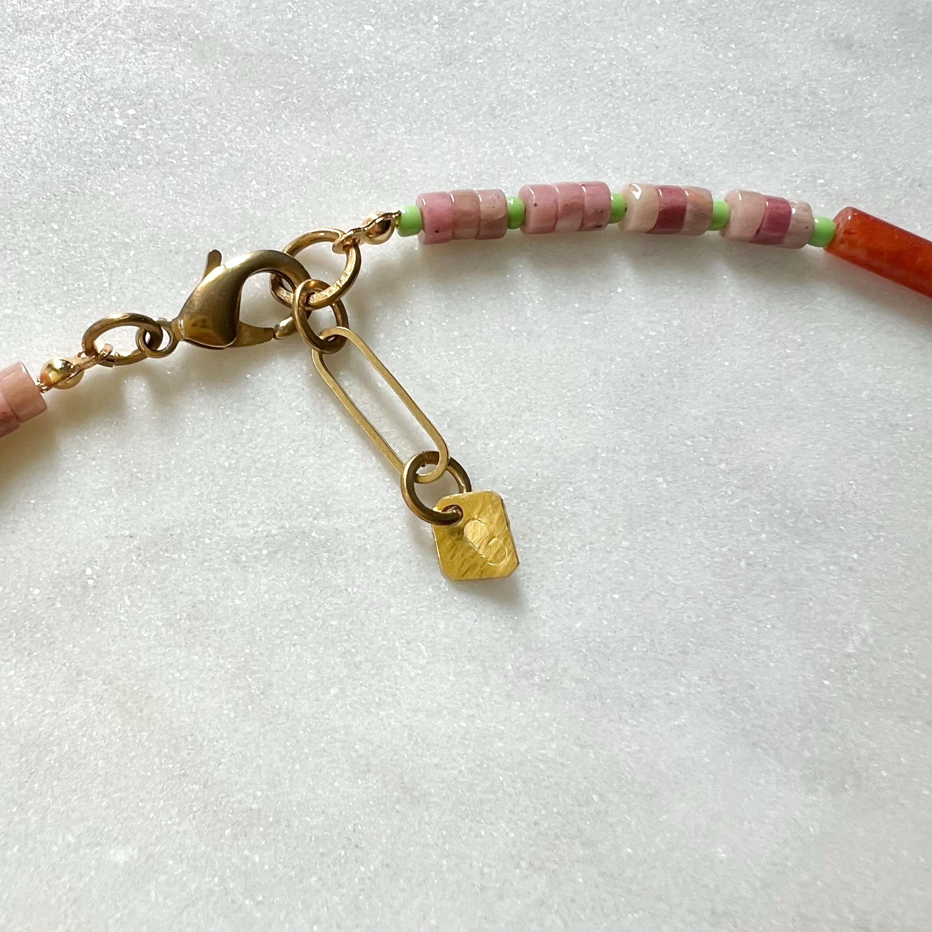 Aquamarin and Rhodochrosite Necklace, Colorful Surfer Necklace with Gemstones and Seed Beads