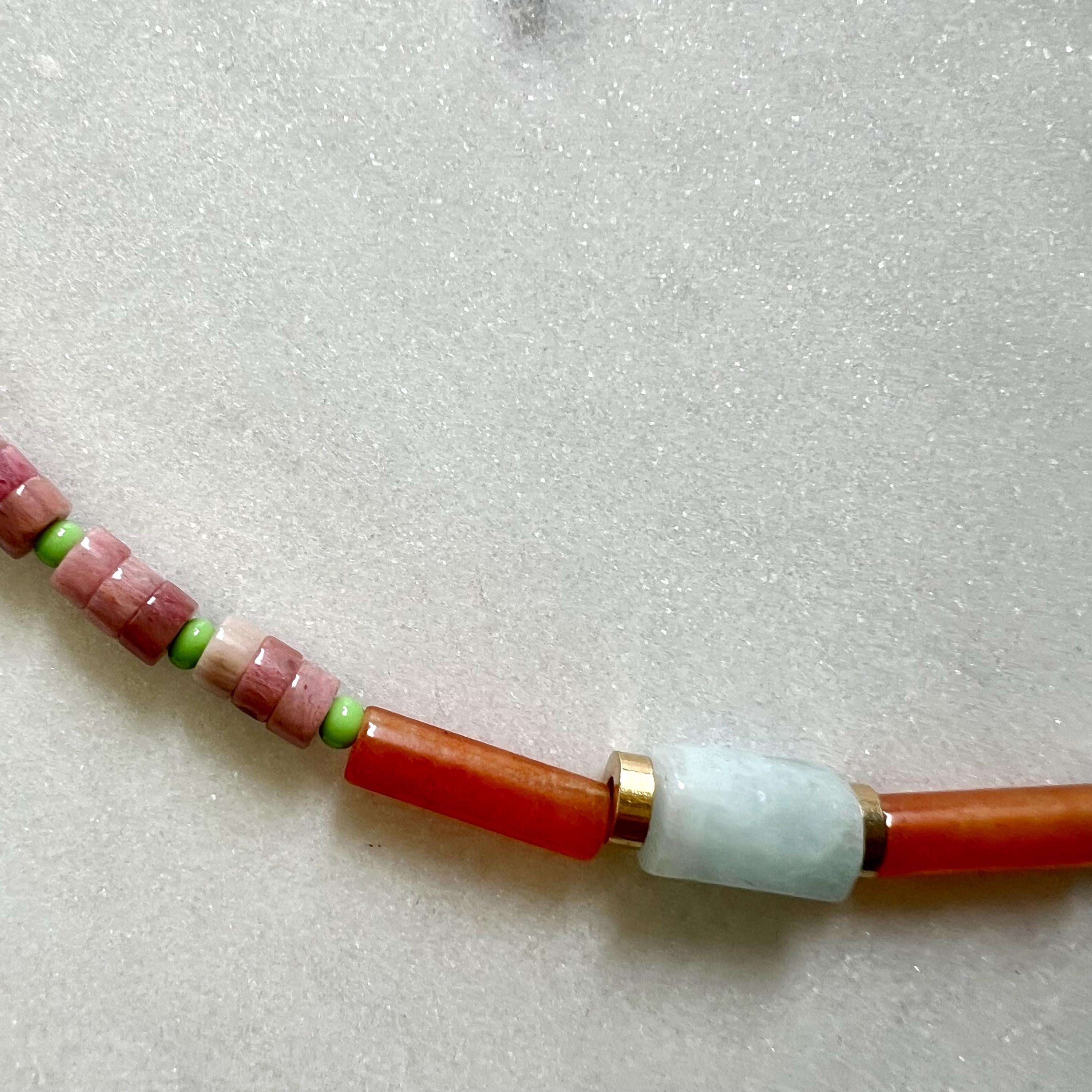 Aquamarin and Rhodochrosite Necklace, Colorful Surfer Necklace with Gemstones and Seed Beads