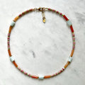Aquamarin and Rhodochrosite Necklace, Colorful Surfer Necklace with Gemstones and Seed Beads