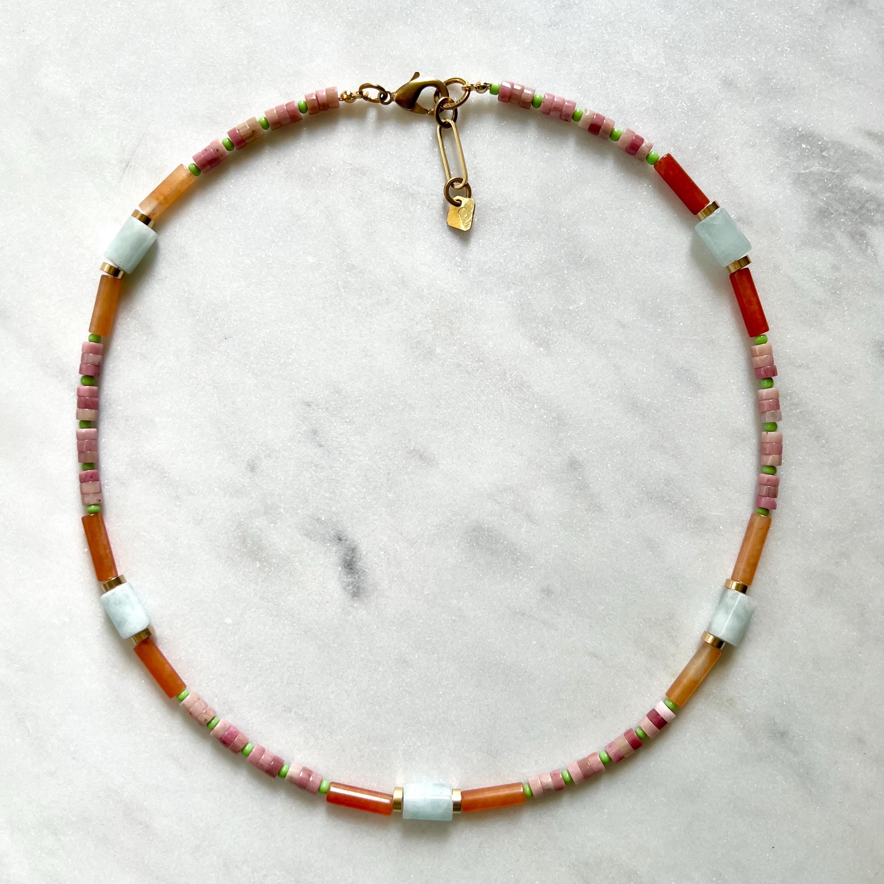 Aquamarin and Rhodochrosite Necklace, Colorful Surfer Necklace with Gemstones and Seed Beads