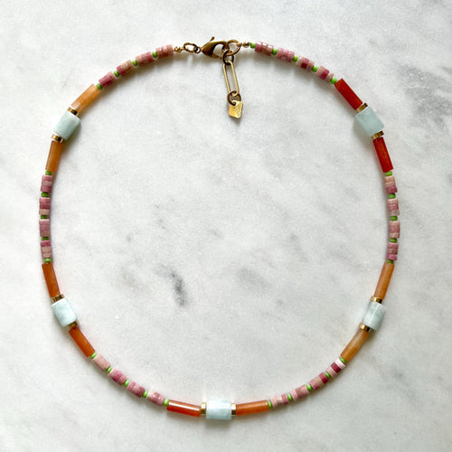 Aquamarin and Rhodochrosite Necklace, Colorful Surfer Necklace with Gemstones and Seed Beads