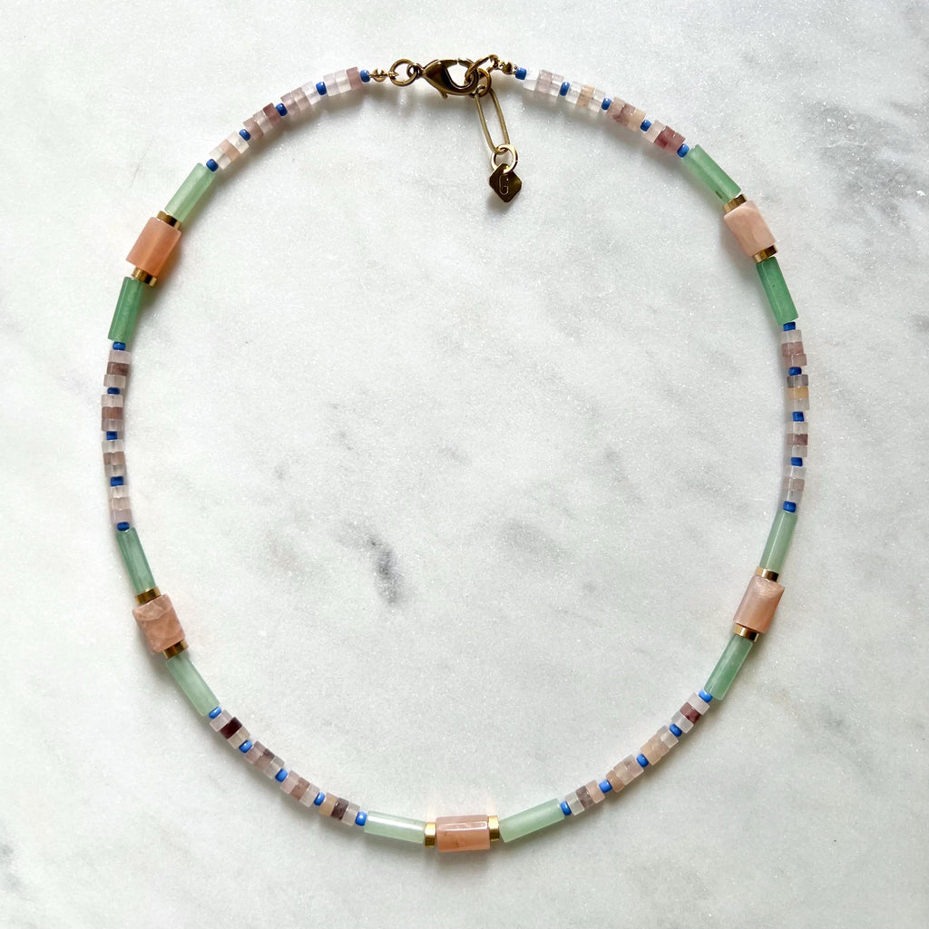 Surfer Necklace with Sunstone and Quartz, Colorful Mixed Gemstone and Seed Bead Necklace