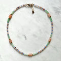 Surfer Necklace with Sunstone and Quartz, Colorful Mixed Gemstone and Seed Bead Necklace